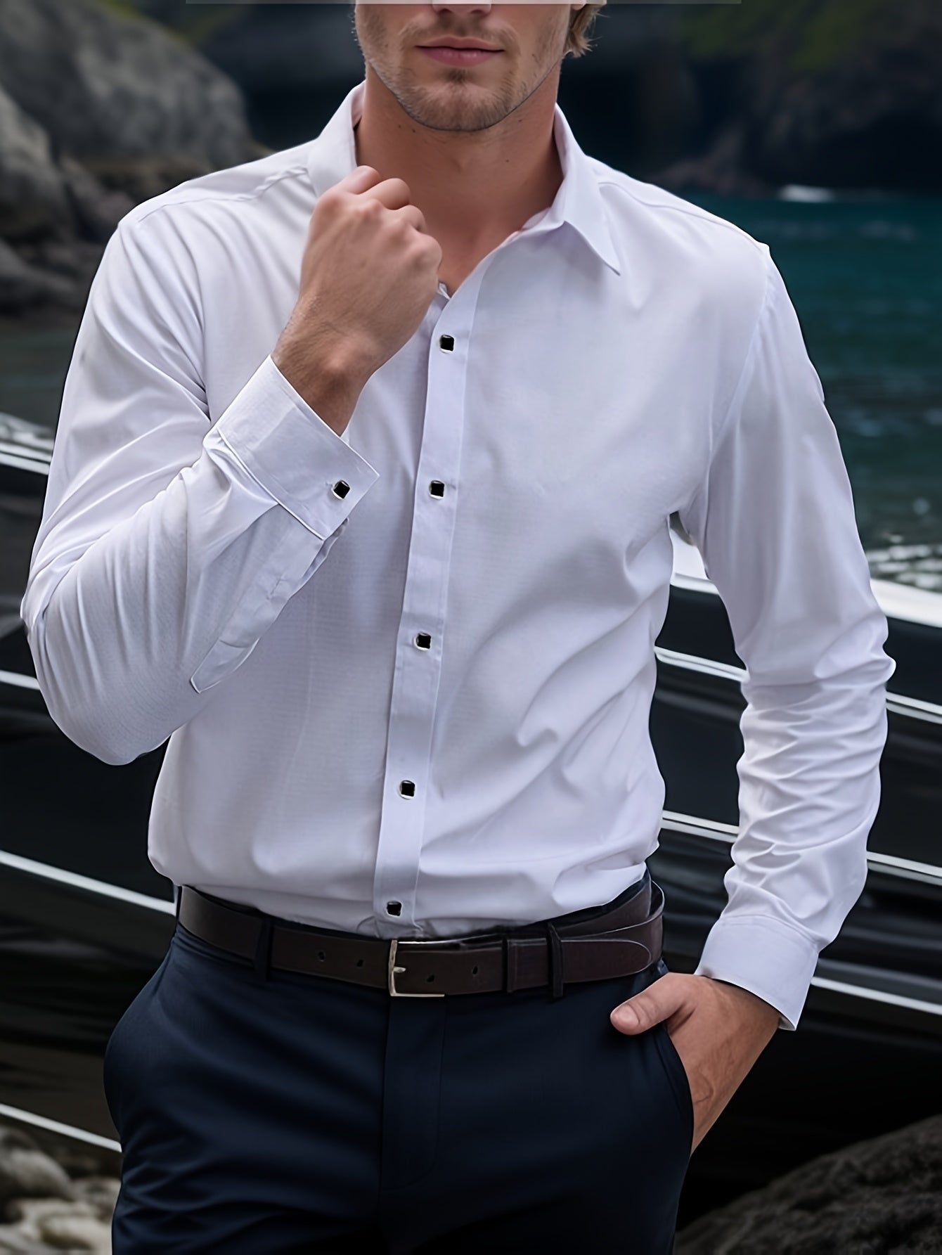 Men'S Elegant Black Long Sleeve Dress Shirt with Geometric Pattern - Polyester, Slim Fit, Button-Up, All-Season Wear, Stylish Lapel Collar, Perfect for Formal and Casual Events, Formal Attire|Slim Fit Shirt|Reflective Details