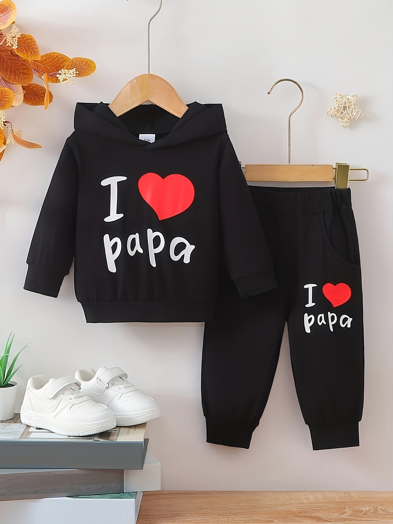2 հատ Baby Boy's Casual Fashion Outfit Hooded KING Print երկարաթև մարզաշապիկ + շալվար բացօթյա հավաքածու