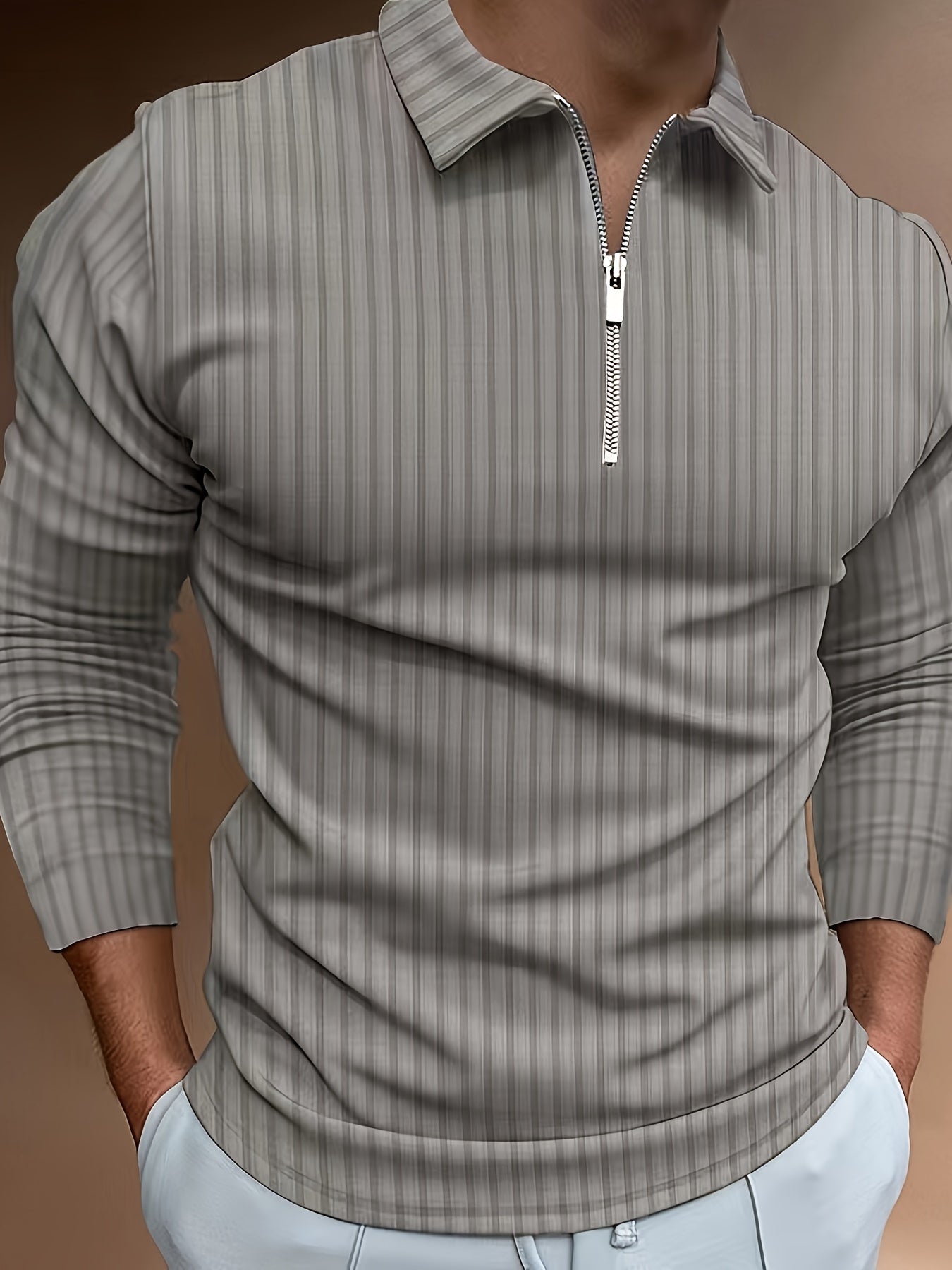 Men's Casual Sports Ribbed Long Sleeve Zipper Lapel Golf Shirt, Spring And Fall