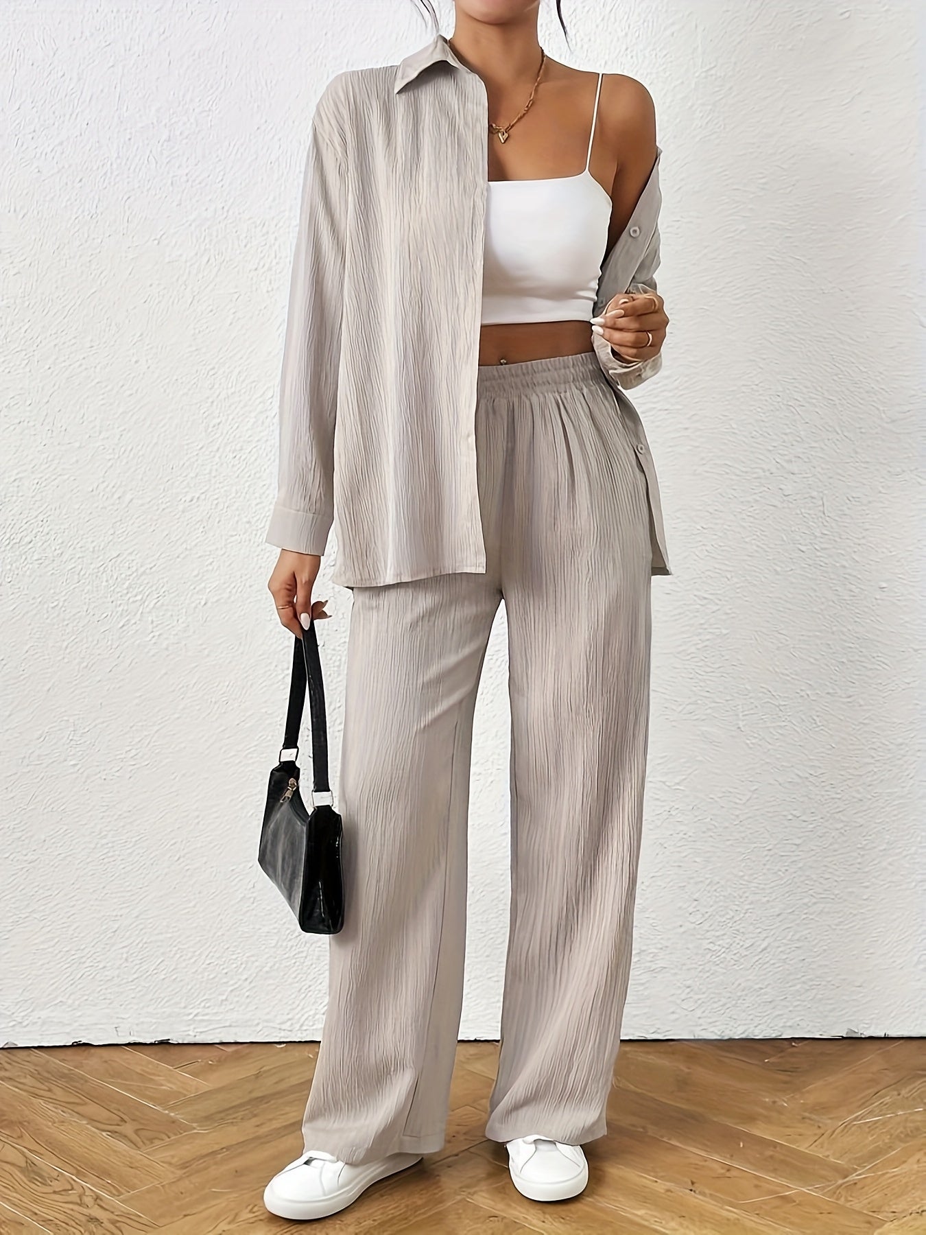 2pcs Women Spring & Autumn Casual Solid Color Long Sleeve Shirt And Pants Set