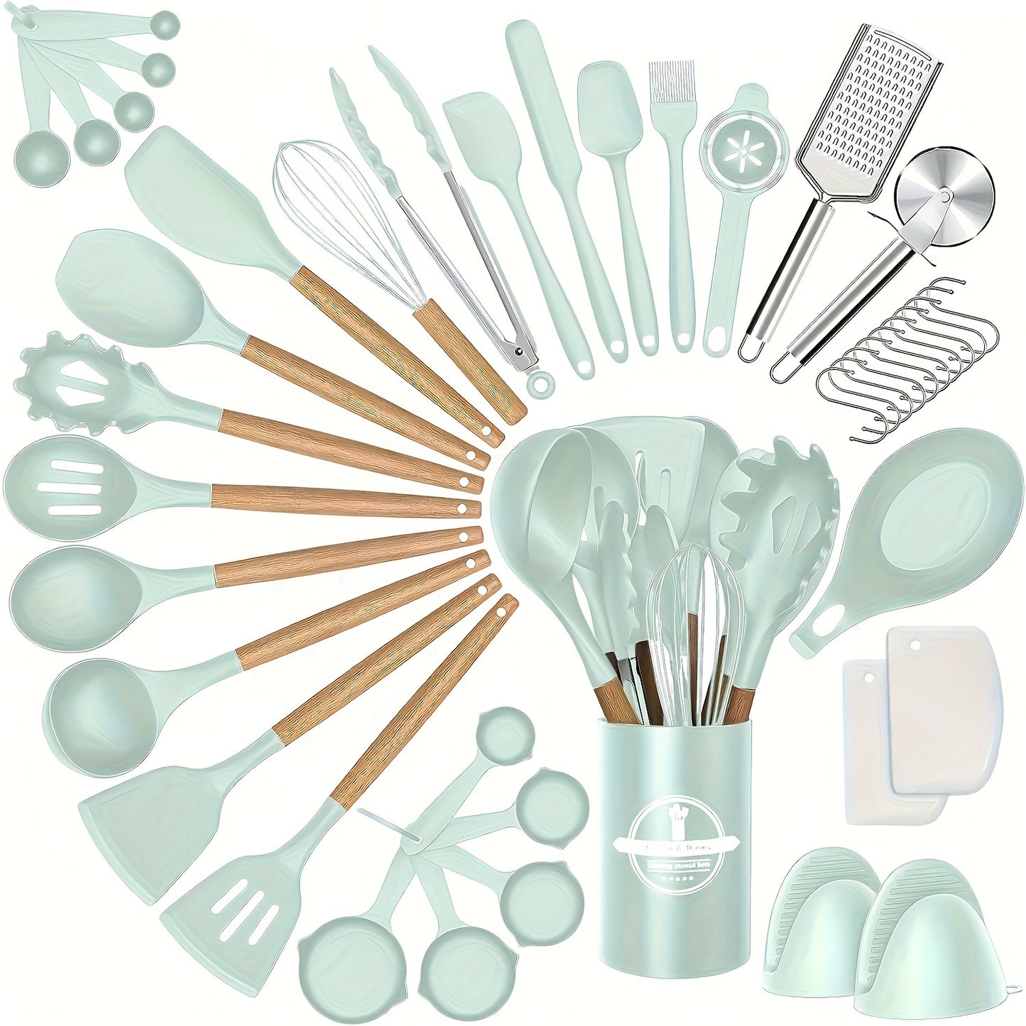 43pcs Non-Stick Cookware Storage Bucket with Wooden Handles, Silicone Kitchen Utensils, Easy-To-Clean Kitchen Tools, Spatula And Spoon Set.