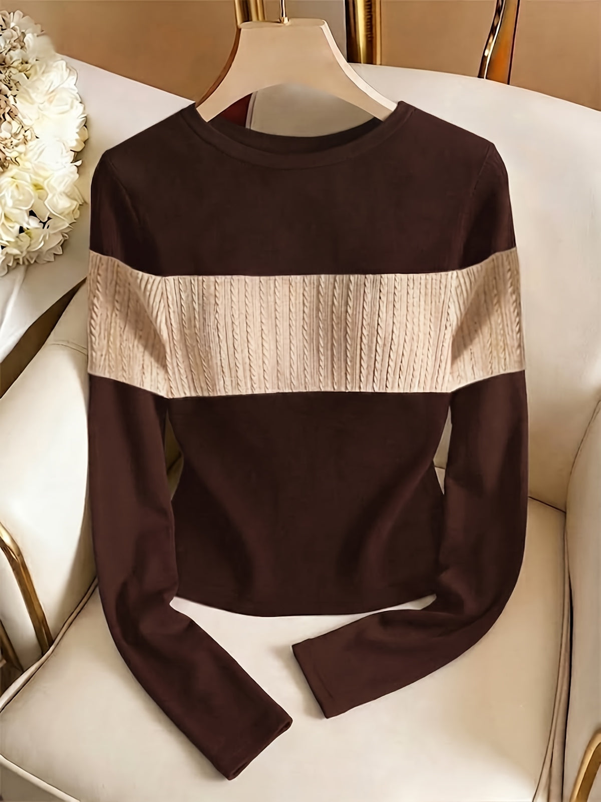 Women's Elegant Color-Block Crew Neck Long Sleeve Top