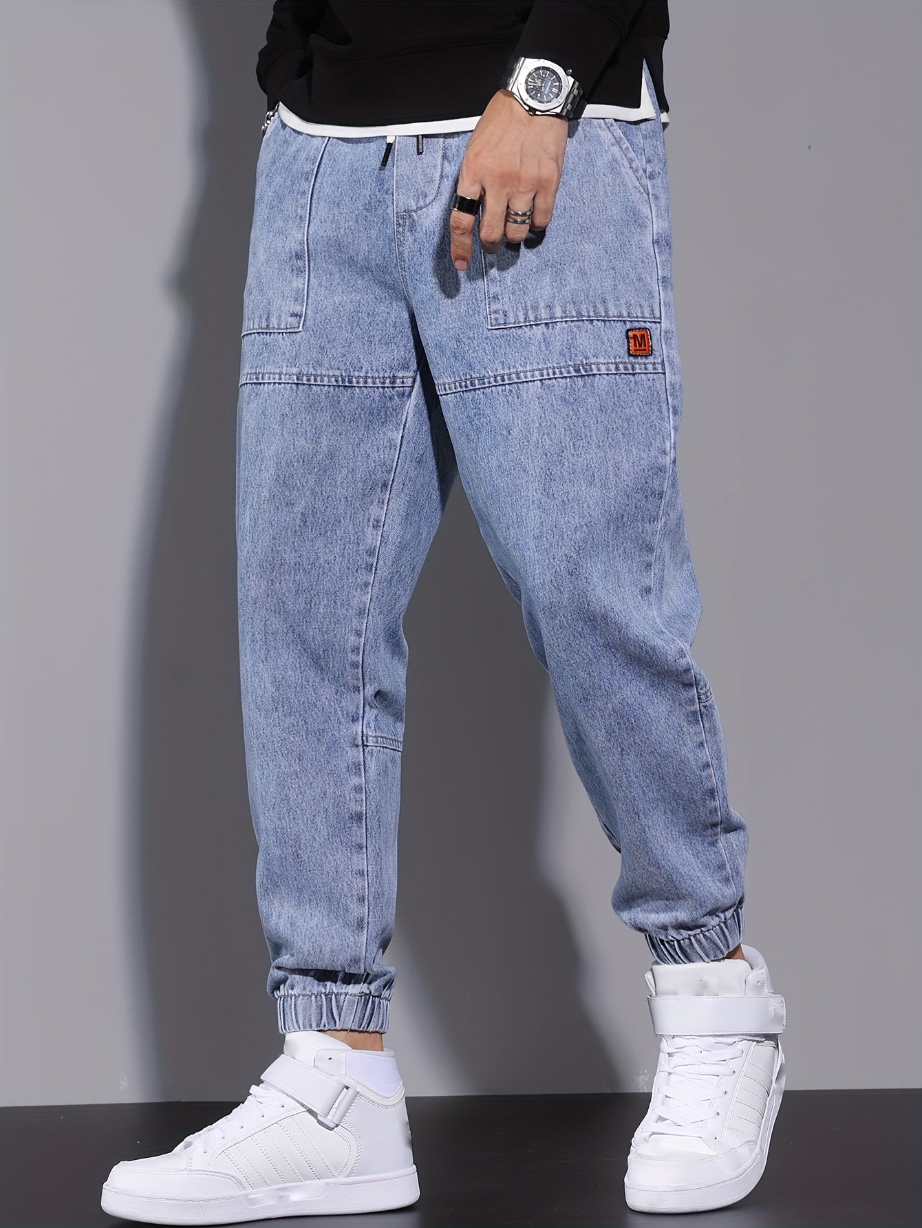 Men's Street Style Harem Jeans - Casual Loose Fit with Elastic Drawstring Waist, Versatile & Stylish for All Seasons