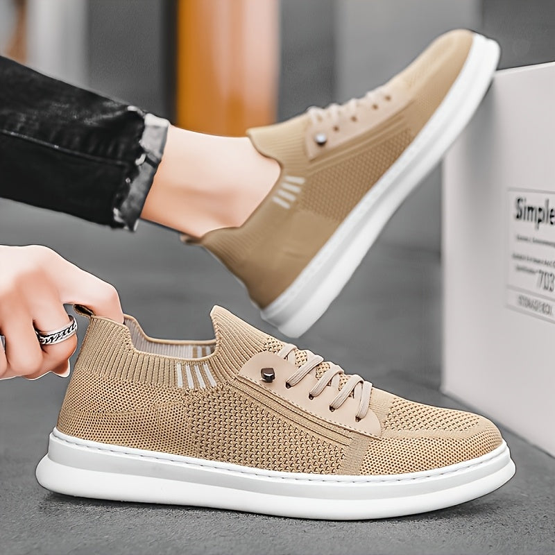 Men'S Breathable Knit Mesh Running Shoes - Anti-Odor Casual Sneakers with Soft EVA Sole, Round Toe Design Low-Top Lace-Up for Jogging, Hiking, Outdoor Daily Wear - Khaki/Black/Gray, Jogging Shoes