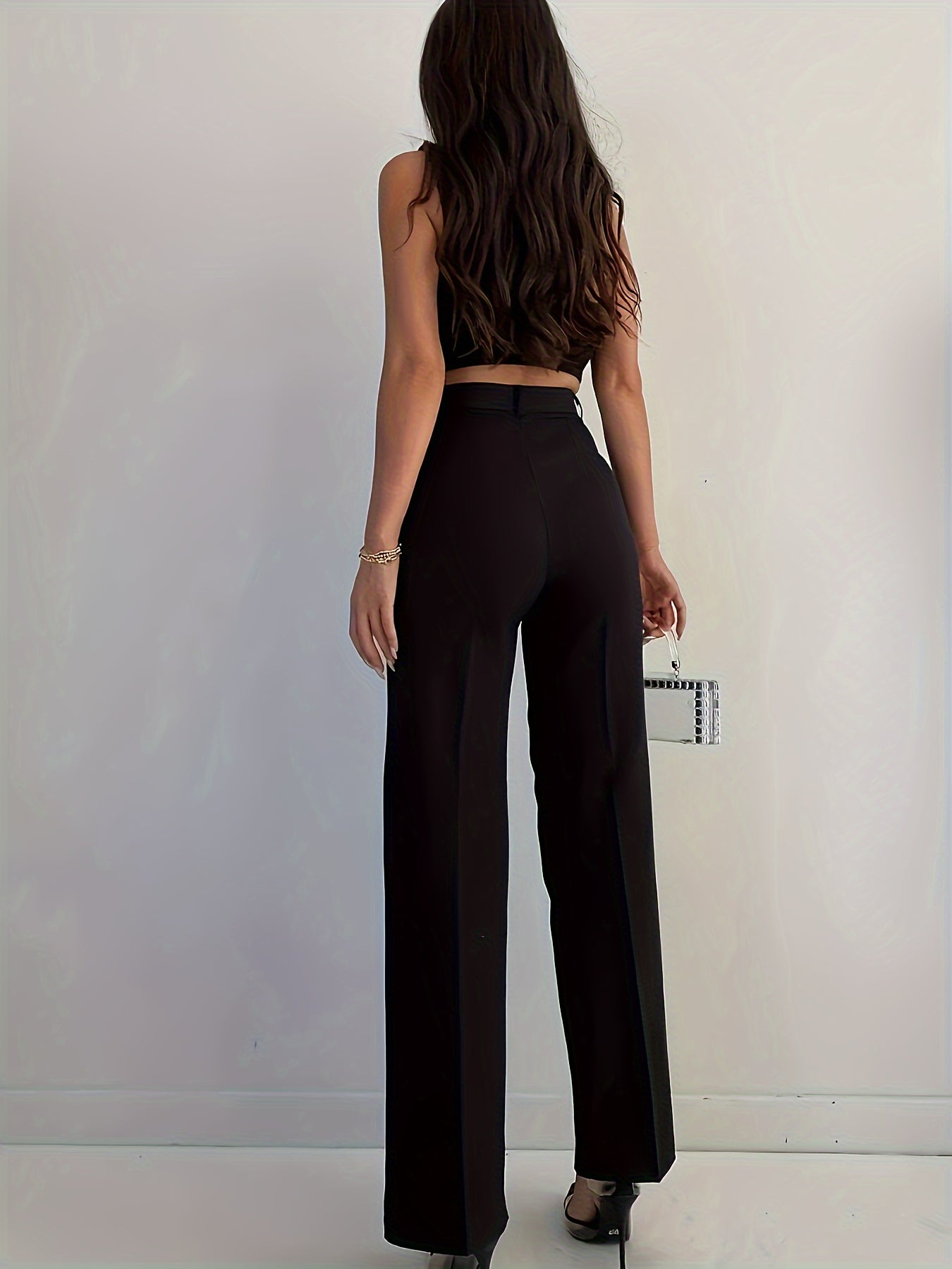 Elegant High-Waist Slim Pants for Women - Solid Color, Polyester, Machine Washable - Perfect for All Seasons