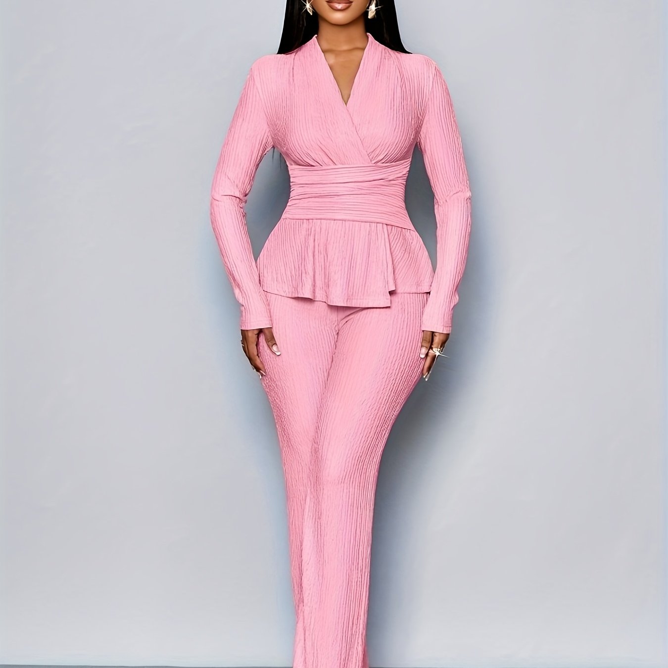 Elegant Women'S V-Neck Long Sleeve Top and Wide Leg Pants Two-Piece Set, Asymmetrical Hem Two-Piece Outfit for Casual Daily Wear, Winter Women'S Clothing
