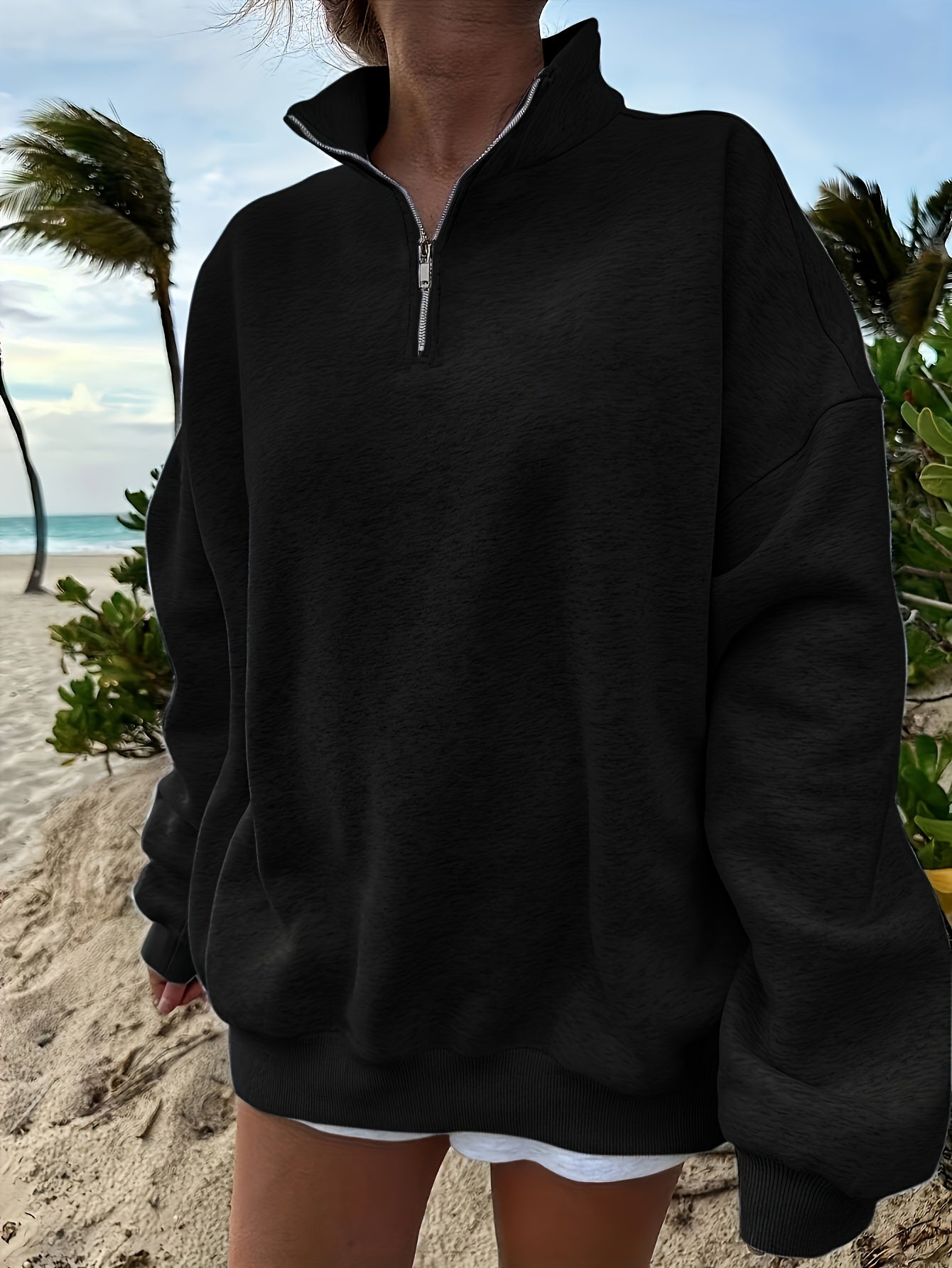 Women's Casual Heather Gray Half-Zip Sweatshirt - Soft Polyester & Elastane Blend, Long Sleeve, Stand Collar, Machine Washable - Perfect for Spring/Fall