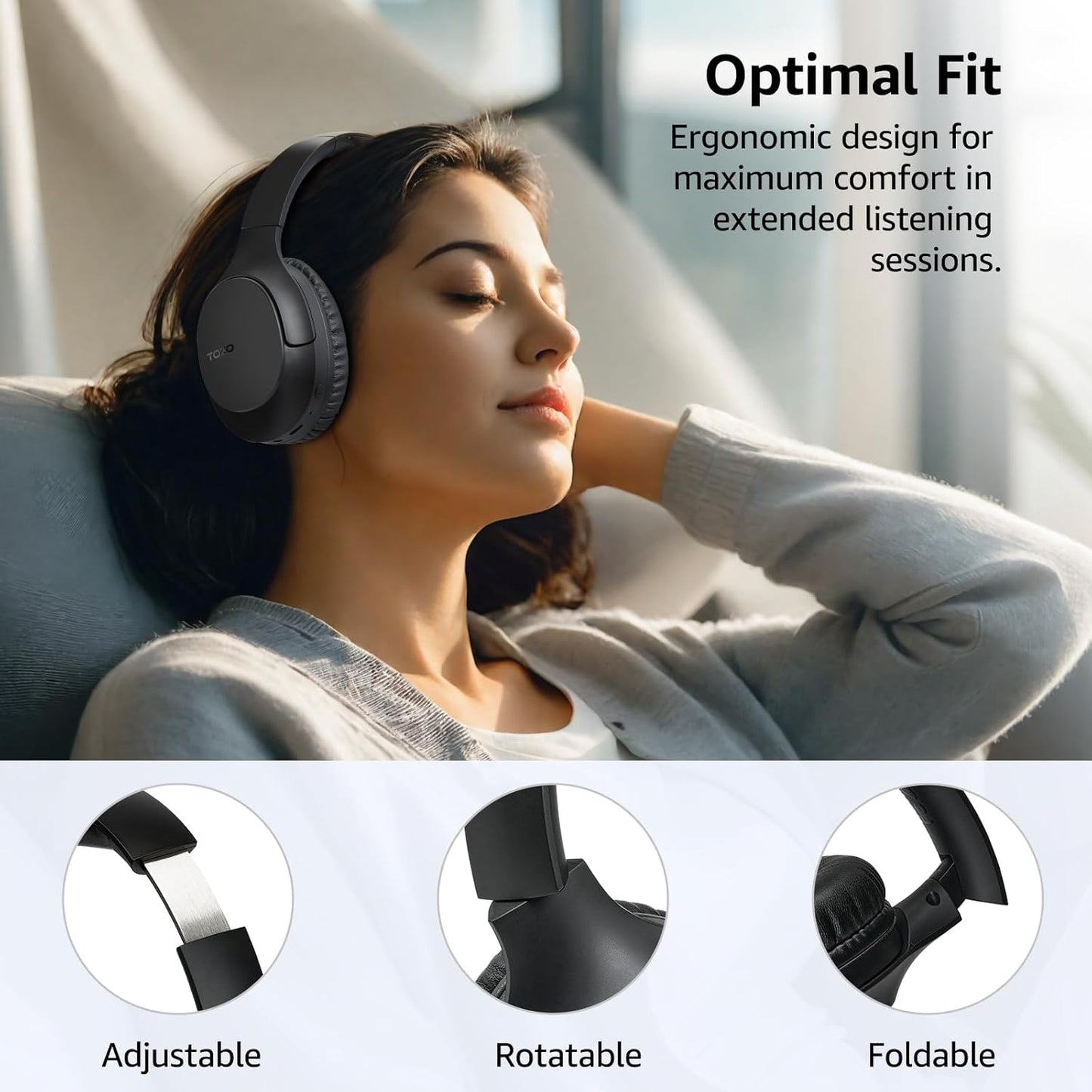 TOZO Bluetooth 5.4 over Ear Headphones, ENC Call Noise Cancelling Mic, Foldable Wireless Headset, 70H Playback, Deep Bass Stereo Sound, Customizable EQ via Button & App, for Travel and Home, Upgraded