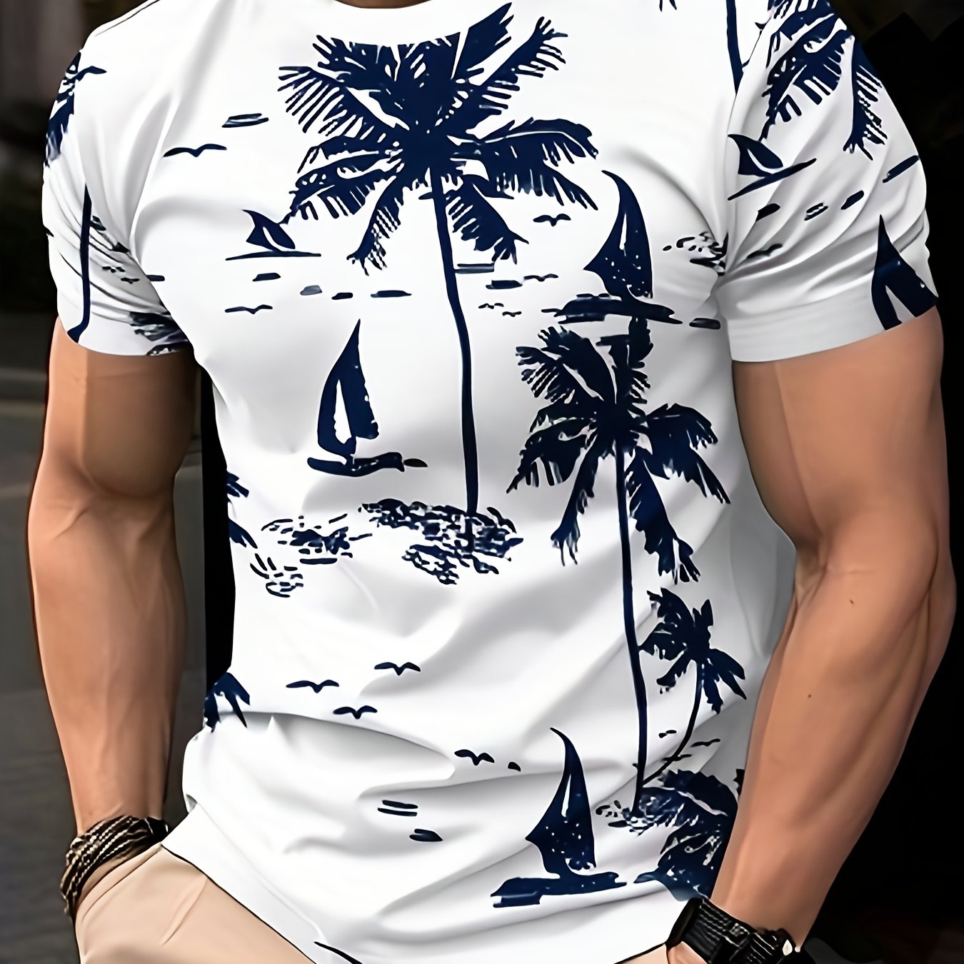 Men'S Quick-Dry Tropical Palm Tree Print T-Shirt - Breathable Round Neck Casual Tee for Summer, Outdoor Daily Wear, Lightweight Comfortable Fit, Outdoor Tshirt Tropical Print Shirt Comfortable Fit