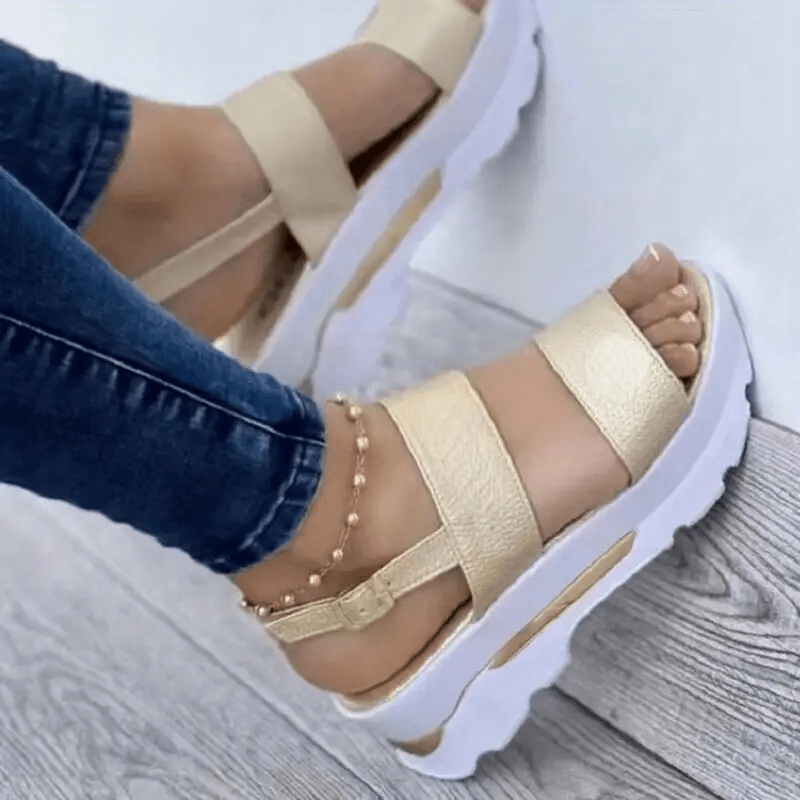 Mhysa Women's Comfortable Open-Toe Platform Sandals with Thick Sole & Golden Buckle Strap - Summer Casual White PU Cover Ankle Strap Sandals for Casual Attire, Ladies Sandals