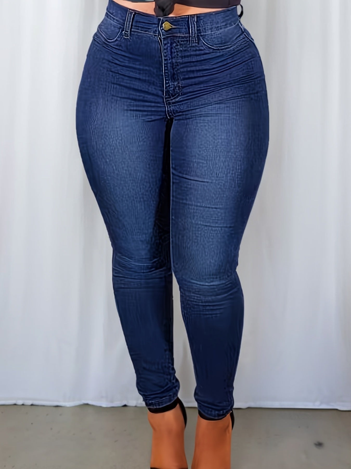 1pc Women'S Plus Size Stretch Denim Jeans, Solid Color Button-Up Washed Casual Style, (75%, 22% Polyester, 3% Spandex), Medium Stretch Fabric, All-Season Woven Pants