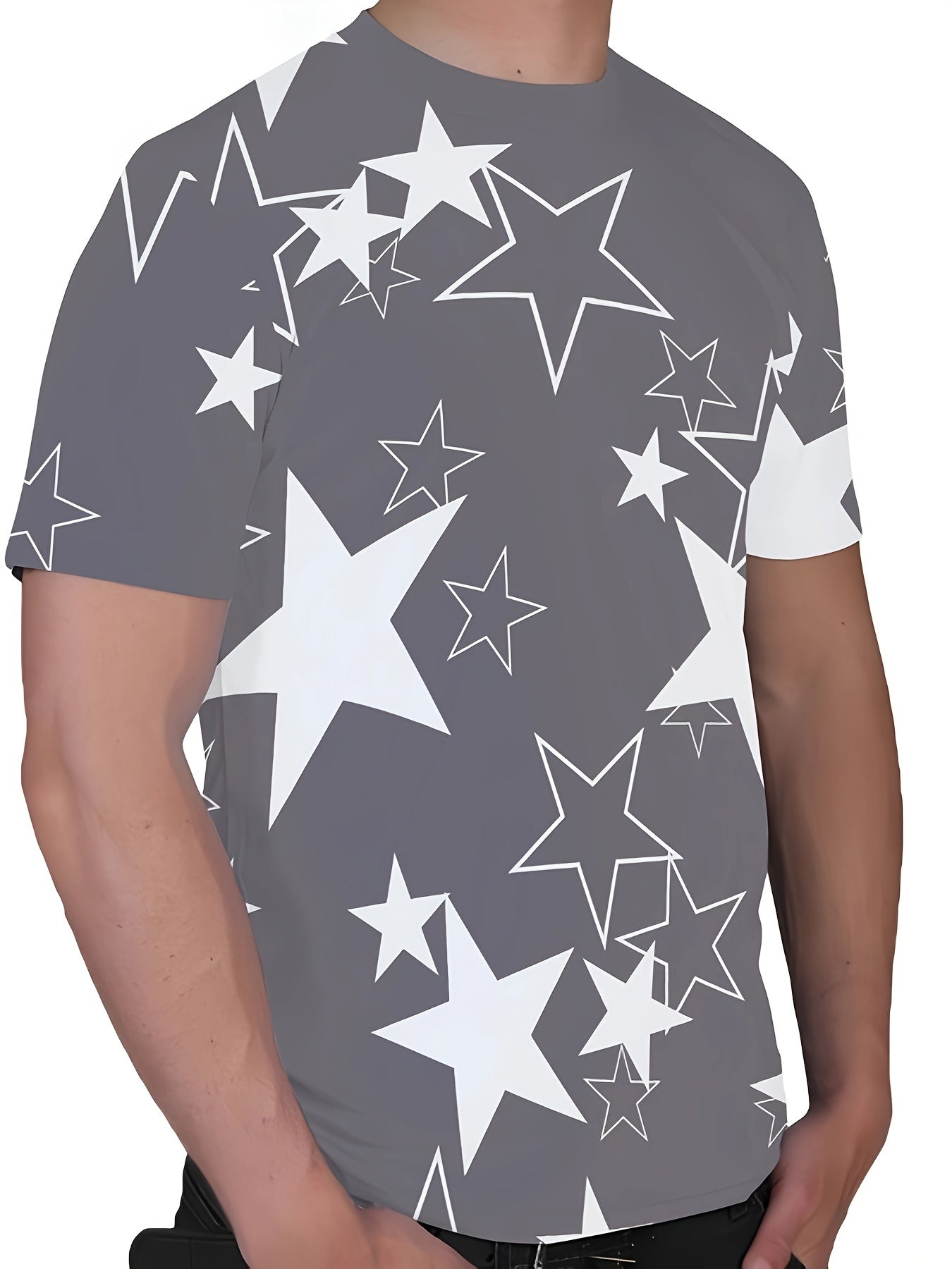 Men's Allover Color Blocking Stars Pattern Short Sleeve Crew Neck T-shirt For Summer, Casual Stylish Tee As Gift