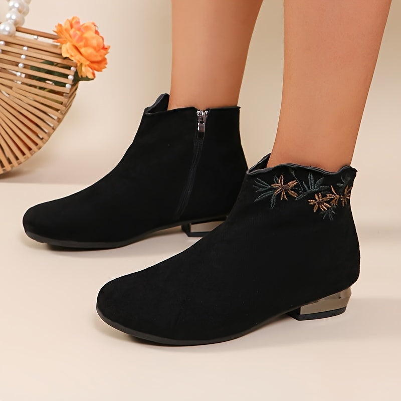 Women'S Casual Ankle Booties with Embroidery - Solid Color Flannel Platform Boots with Zipper Closure, Round Toe, Block Heel, Rubber Sole, Fall Season Low Heel Short Boots with Random Printing Detail