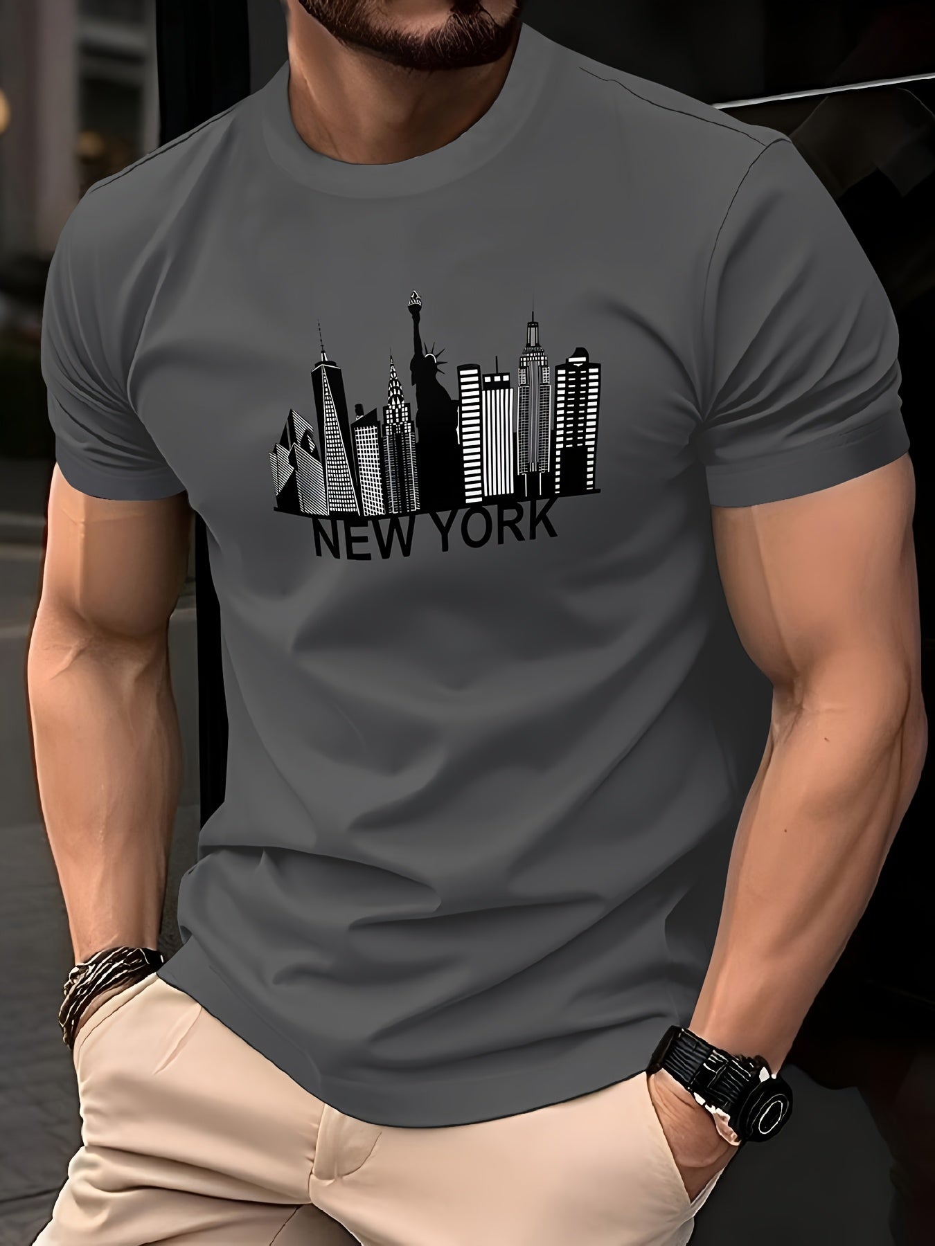 Men's Quick-Dry Summer T-Shirt with New York City Skyline Graphic Print - Breathable Moisture-Wicking Fabric, Regular Fit Round Neck Tee for Casual Outdoor Wear, Machine Washable, Comfortable Fit