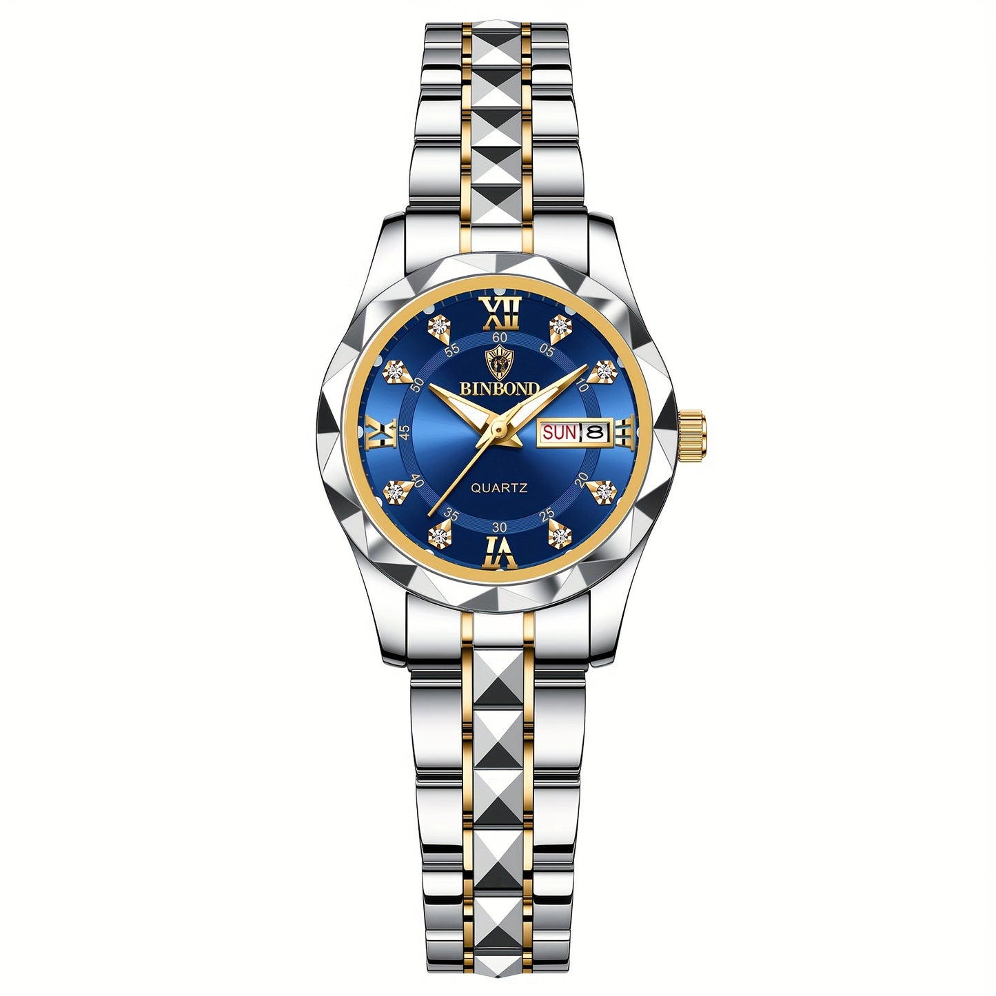 BINBOND Women's Light Luxury Quartz Watch with Night Glow, Double Calendar, Stainless Steel Band & Blue Dial - Elegant Casual & Formal Watch for Casual Attire