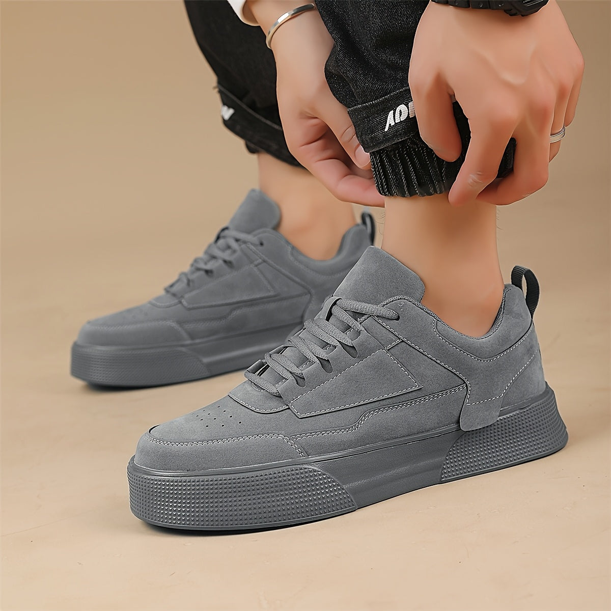 1pair Men'S Classic Solid Grey Skateboard Sneakers, Casual Street Style Lace-Up Running Shoes, Lightweight Stability Low Top with Faux Upper, Fabric Inner & EVA Sole for All-Season Outdoor Activities