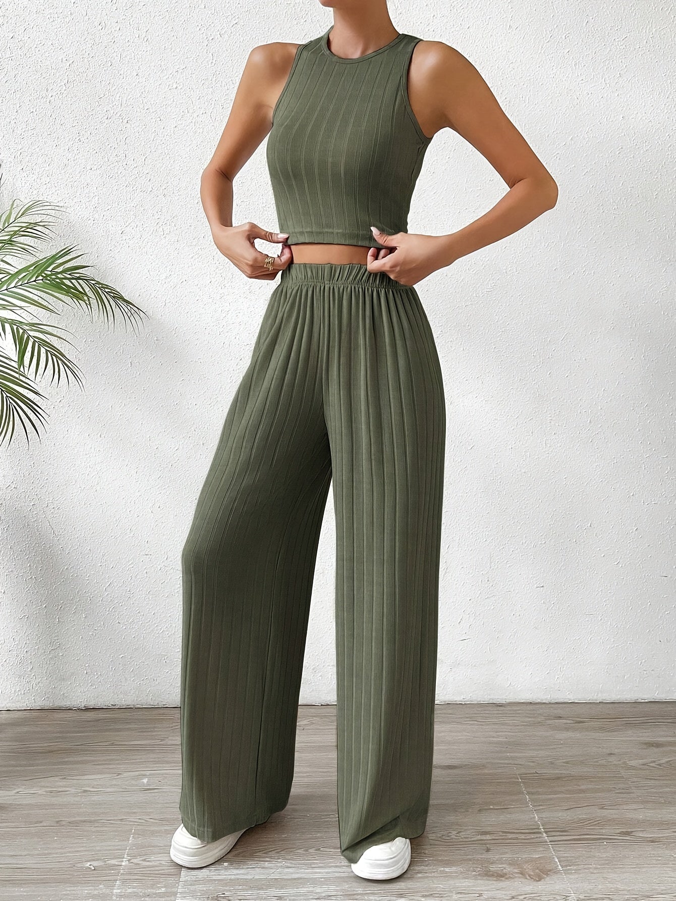 Solid Ribbed Elegant Pants Set, Crew Neck Sleeveless Slim Tank Top & Elastic Waist Wide Leg Pants Outfits, Women's Clothing