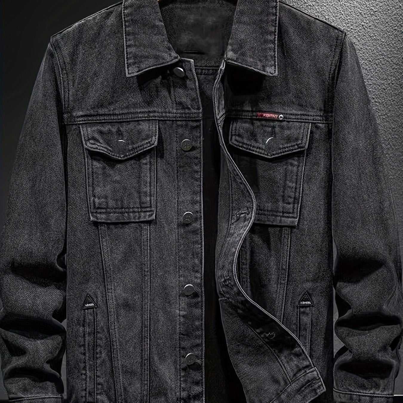 Men's Spring/Autumn Denim Jacket - Casual Chic Style, Black Blend with Red Accents, Button-Up with Flap Pockets, Long Sleeves, Ideal for Hiking & Casual Attire, Outdoor Apparel|Classic Denim Style|Durable Fabric