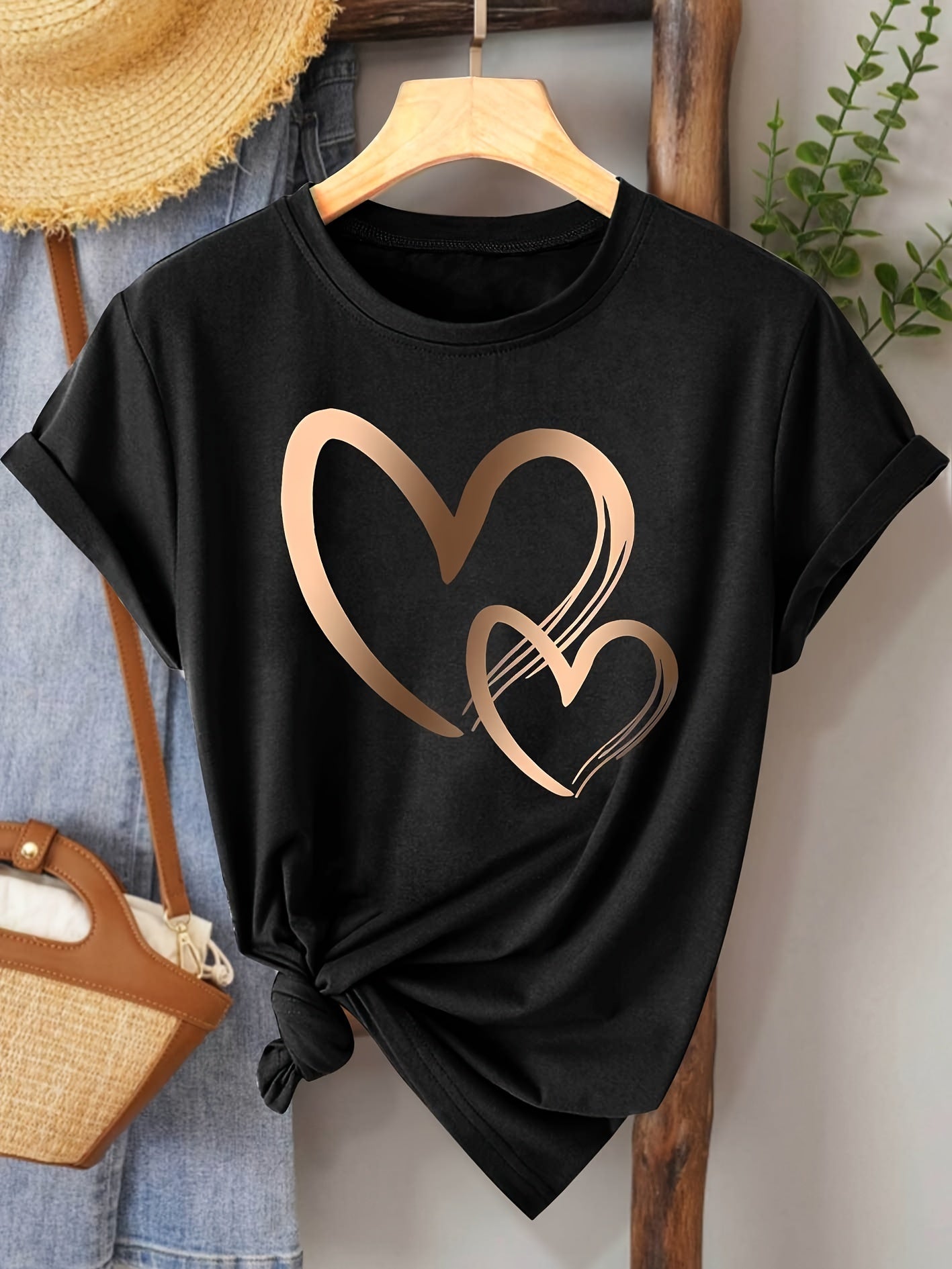 Chic Love Series Gradient Double Heart Graphic Tee for Women - Casual Retro Style, Round Neck Short Sleeve, Breathable Polyester, Machine Washable, in Black with Golden & White Hearts, Sizes S-XXL