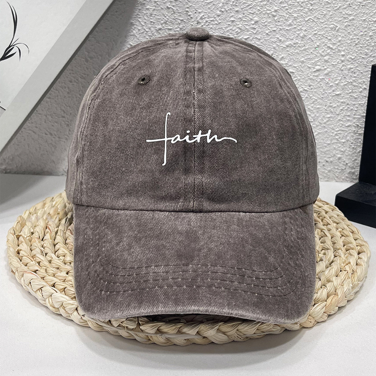 Vintage Street Style Water Wash Denim Polyester Baseball Cap, Faith Print, for Men, Women