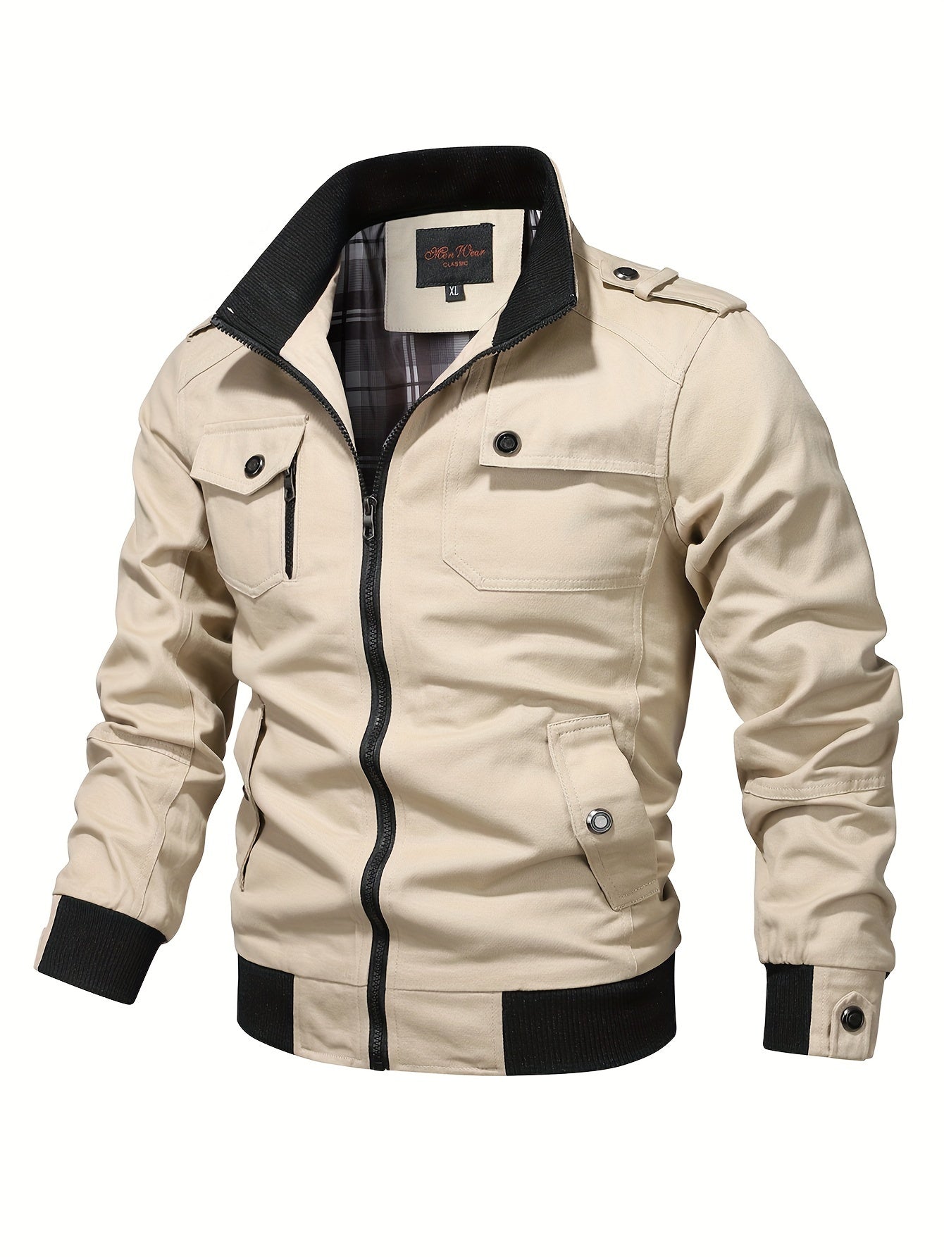 Men's Casual Bomber Jacket, Cotton Stand Collar Windbreaker Jacket With Pockets For Fall Winter