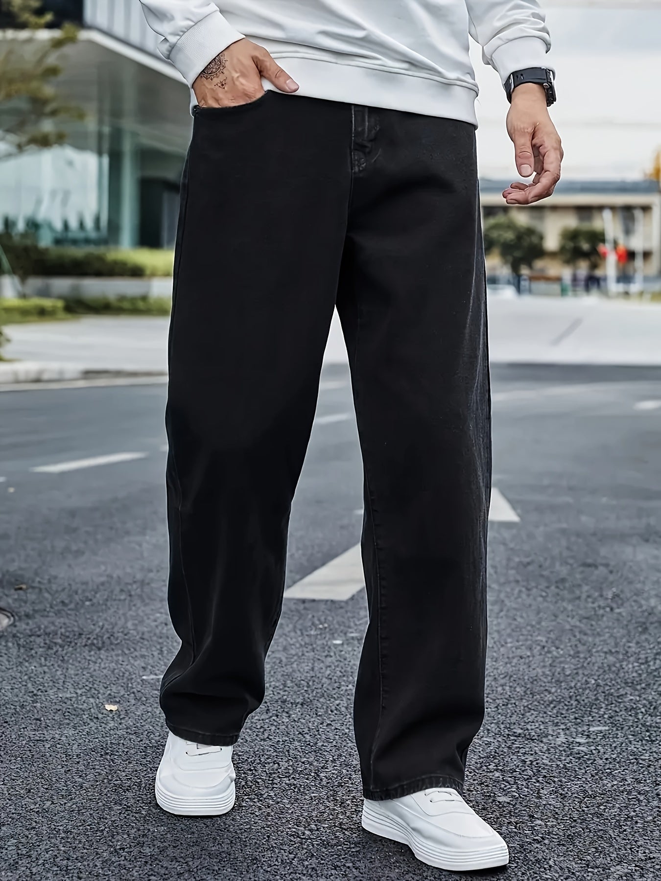 Men's Classic Straight Leg Denim Jeans - Loose Fit, Cotton Blend, Solid Color Black, Street Style, Comfortable & Versatile for All Seasons, Casual Streetwear|Street Style Pants|Nonstretch Fabric