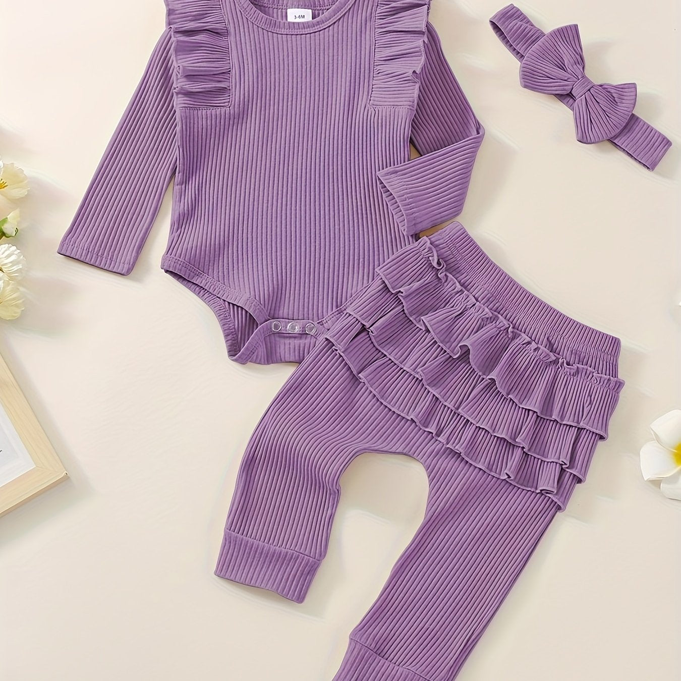 3pcs Baby Girl Outfit Set, Cute Ribbed Ruffle Long Sleeve Romper & Pants, 95% Cotton 5% Spandex, Crew Neck Pullovers, Solid Color, Regular Fit, No Belt, Fall/Winter Knit Fabric, 0-18 Months, for Outdoor