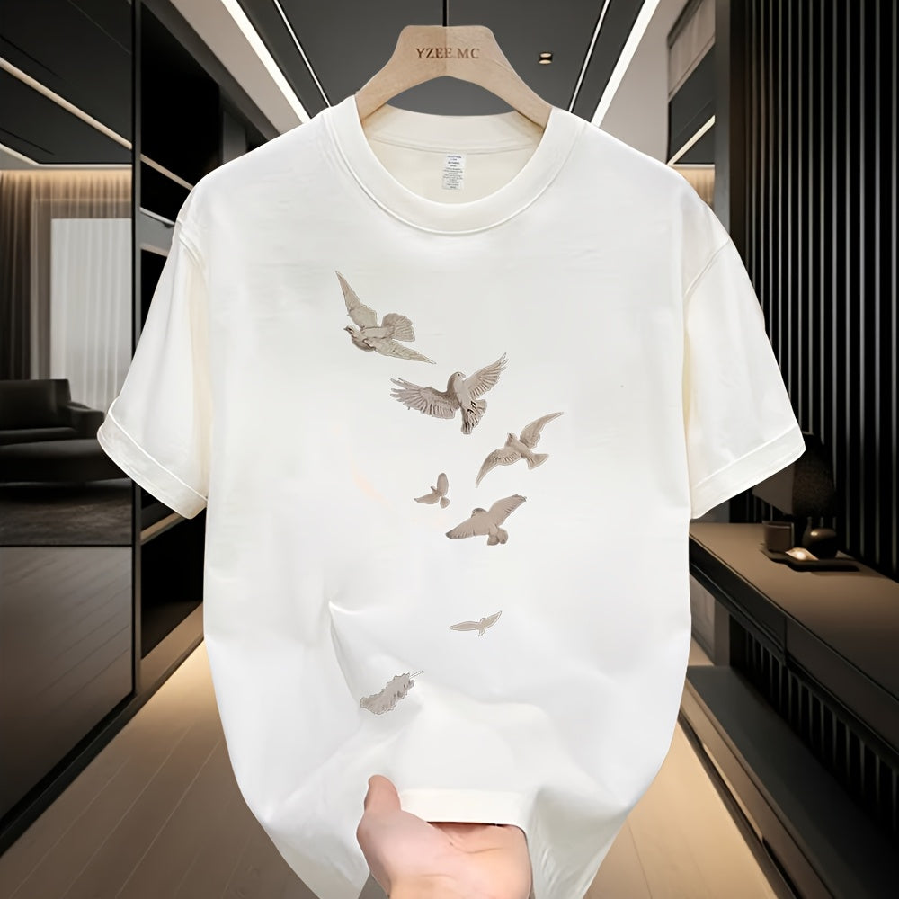 Men's Loose Fit Cotton T-Shirt - Casual Summer Short Sleeve Crewneck with Artistic Bird Print, Lightweight & Breathable for Casual Attire, Breathable Clothing | Relaxed Fit Shirt | Pure Cotton Fabric