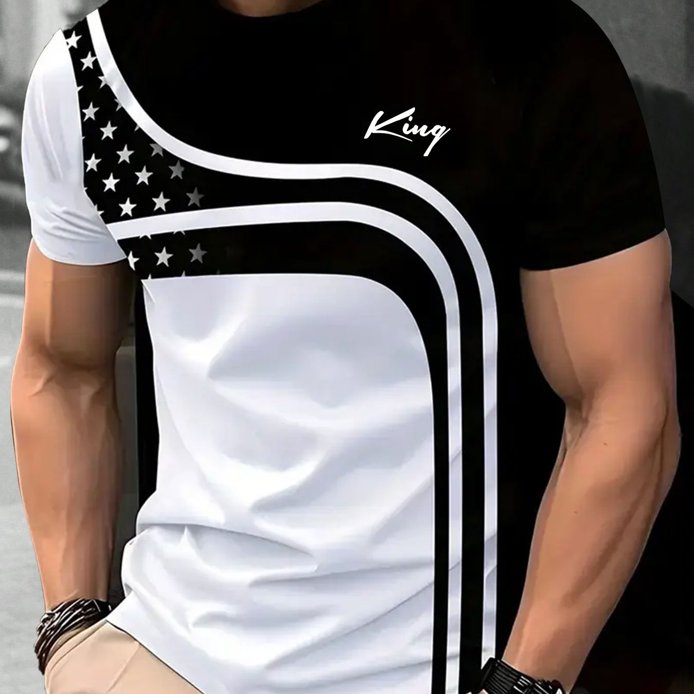 Men'S Black White Star Stripe T-Shirt with "King" Print - Casual Round Neck Short Sleeve, Curved Design, Breathable Fabric for Summer, Casual Attire, Comfortable Fit