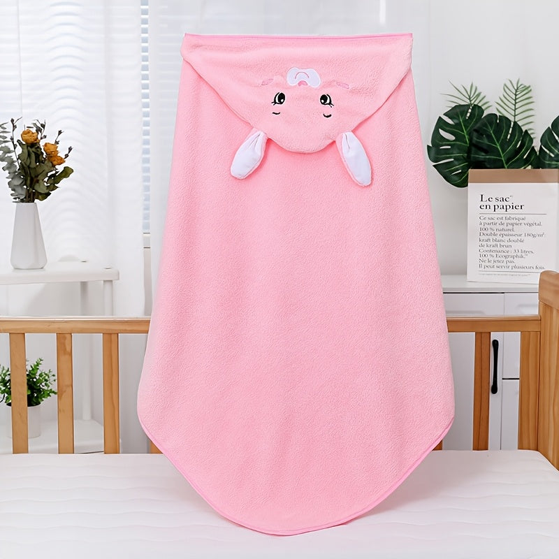 Ultra-Soft Coral Fleece Youngsters' Hooded Bath Towel with Cute Cartoon Animal Design - Super Absorbent & Skin-Friendly, Perfect for Swimming and Showering, Available in White/Blue/Pink/Black, Youngsters's Hooded Towel