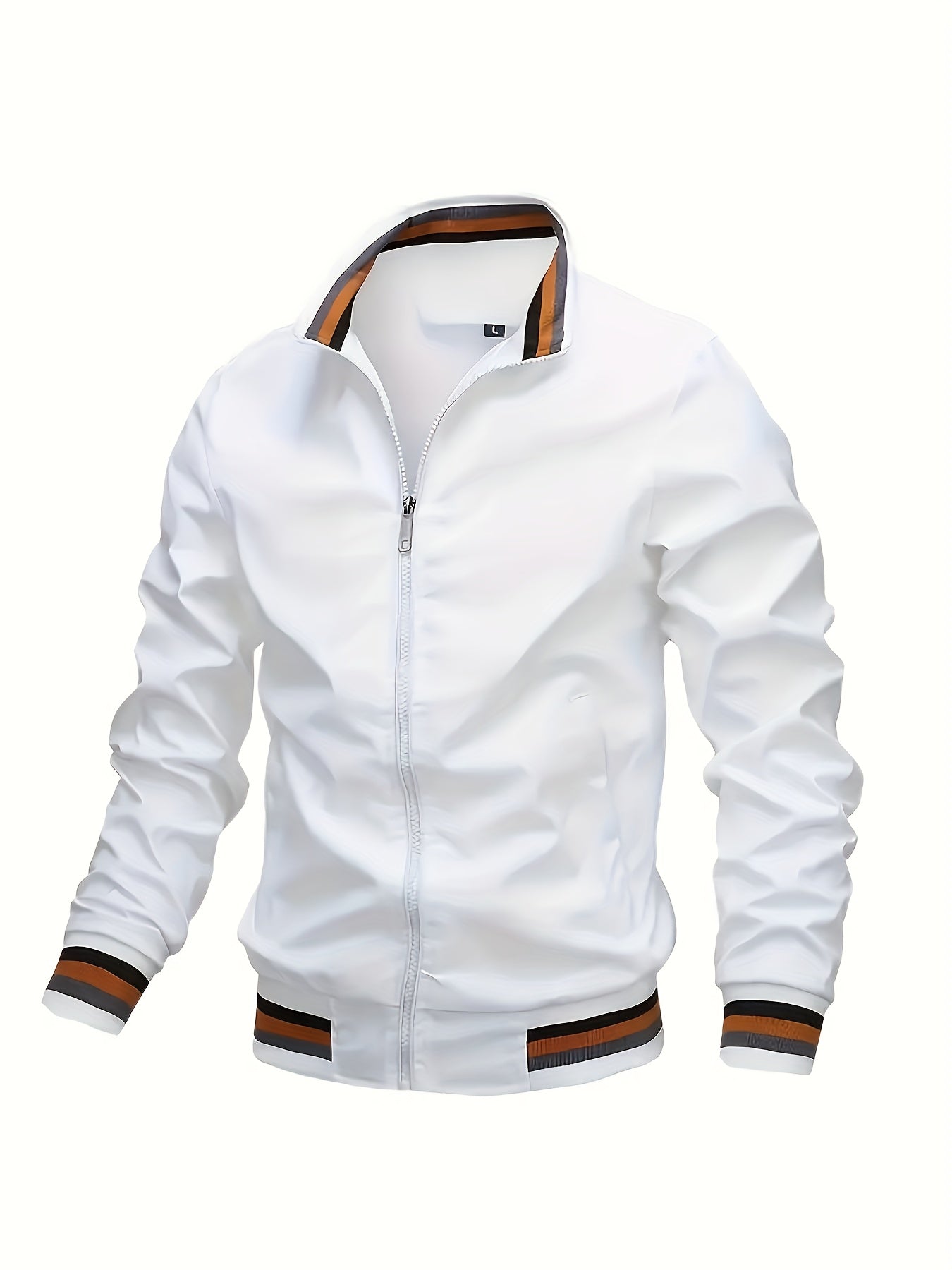 Lightweight And Trendy Men's Long Sleeve Zipper Jacket With Stand Collar, Pockets And Stripe Pattern Pieces, Suitable For Spring And Autumn Outdoors Activities