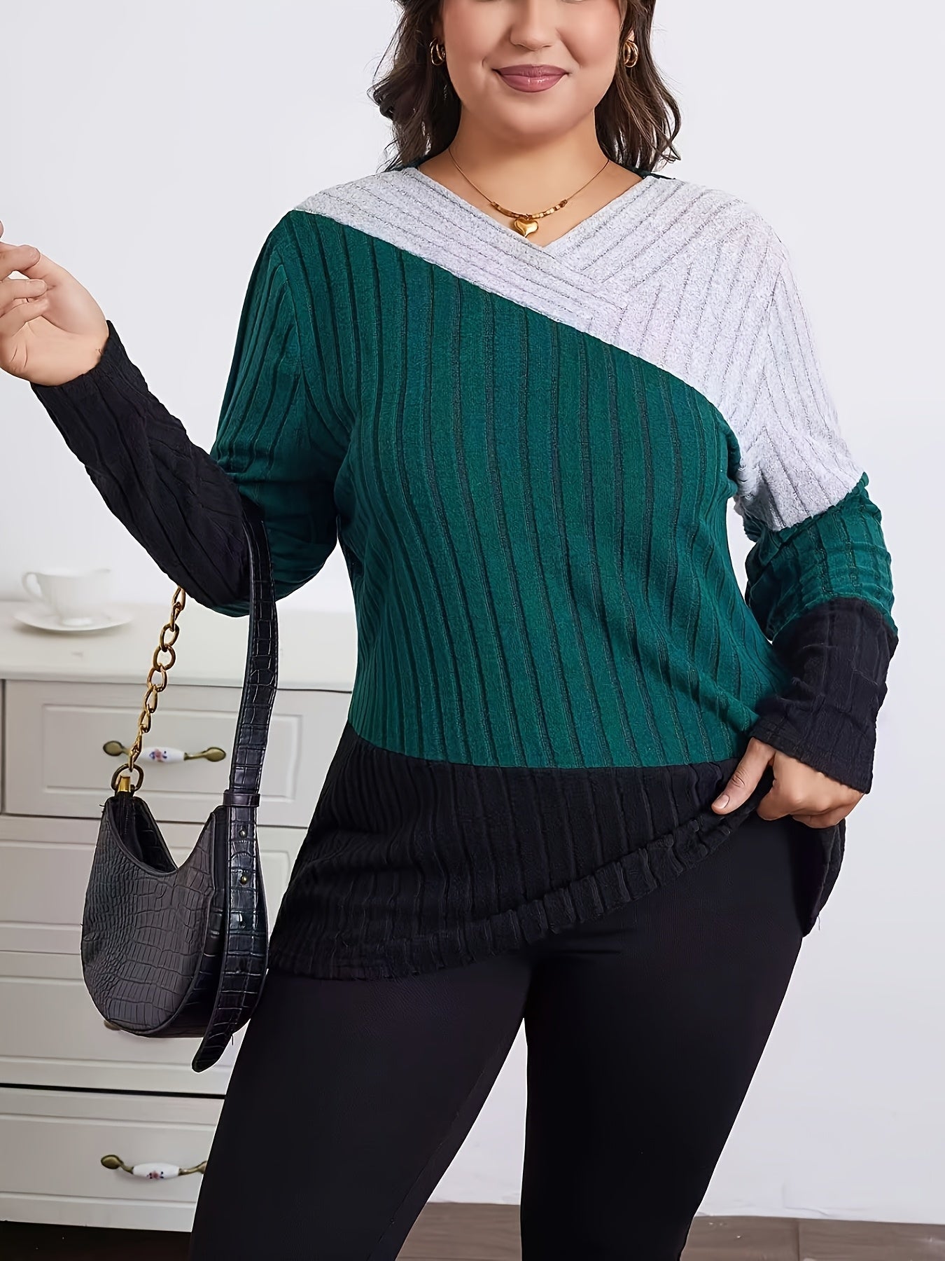 Elegant Color Block V-Neck սվիտեր կանանց համար - Ձգվող պոլիեսթեր, մեքենայով լվացվող, կատարյալ գարնան և աշնան համար