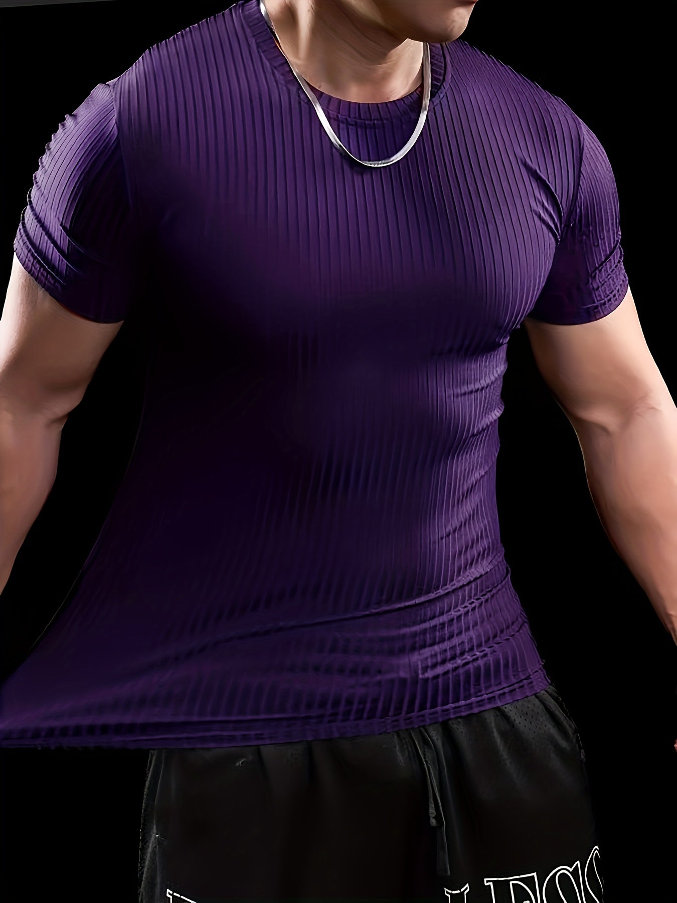 Men's Slim Fit Ribbed Short Sleeve T-Shirt - Stretchy Athletic Casual Wear, Green, Round Neck, Machine Washable, Muscle-Enhancing Design, Gym Shirts
