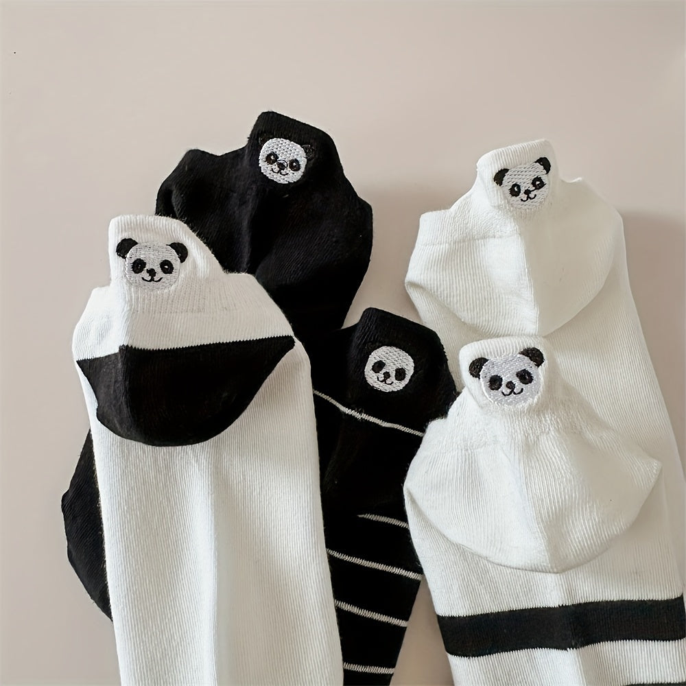 Women's Cotton Ankle-Length Socks 5-Pair Set with Panda Embroidery, Breathable Moisture-Wicking Knit, Anti-Odor, Seamless Toe, Stretch Spandex Blend - Size 200 Needle Count