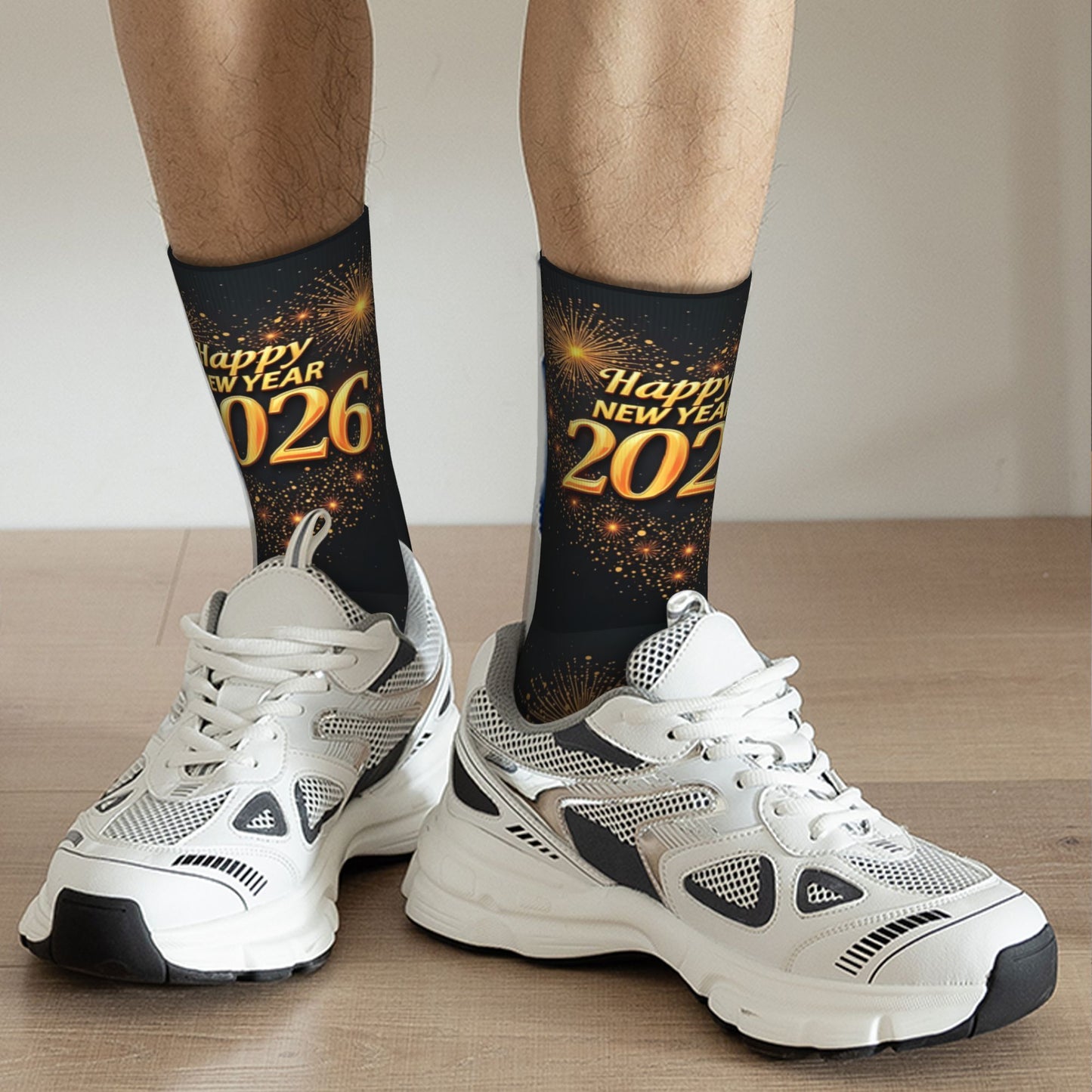 1pc Harajuku Happy New Year 2026 Crew Socks - Black with Golden Glitter "Happy New Year 51.46meter Print, Versatile Sports & Fitness Socks for Men, Women, and Gifts, Hand Wash or Dry Clean, Festive Socks | Festive Crew Socks