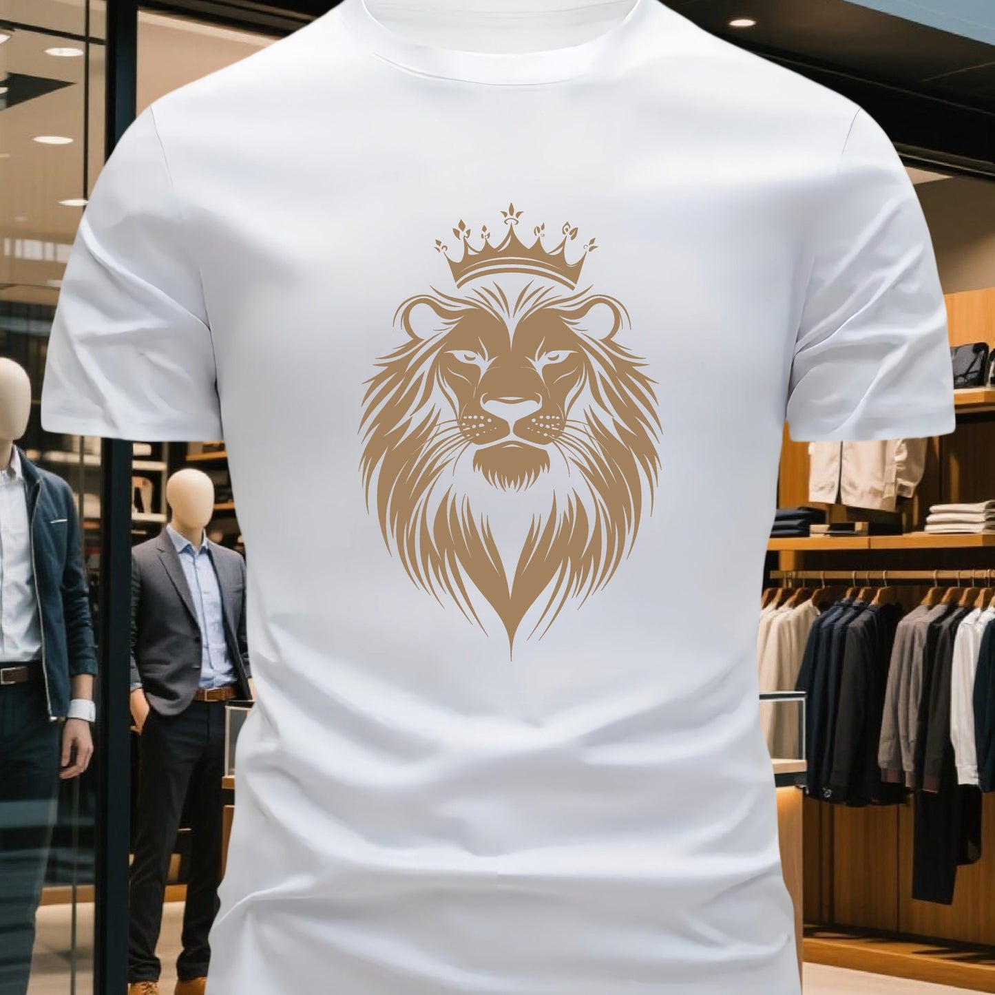 Men's 100% Cotton Crew Neck Short Sleeve T-Shirt with Regal Lion Crown Graphic Print - Navy Blue Casual Comfort Fit, Machine Washable All-Season Versatile Top, Cotton T Shirts, Leisure Clothing, Creative Print Shirt, Soft Tex
