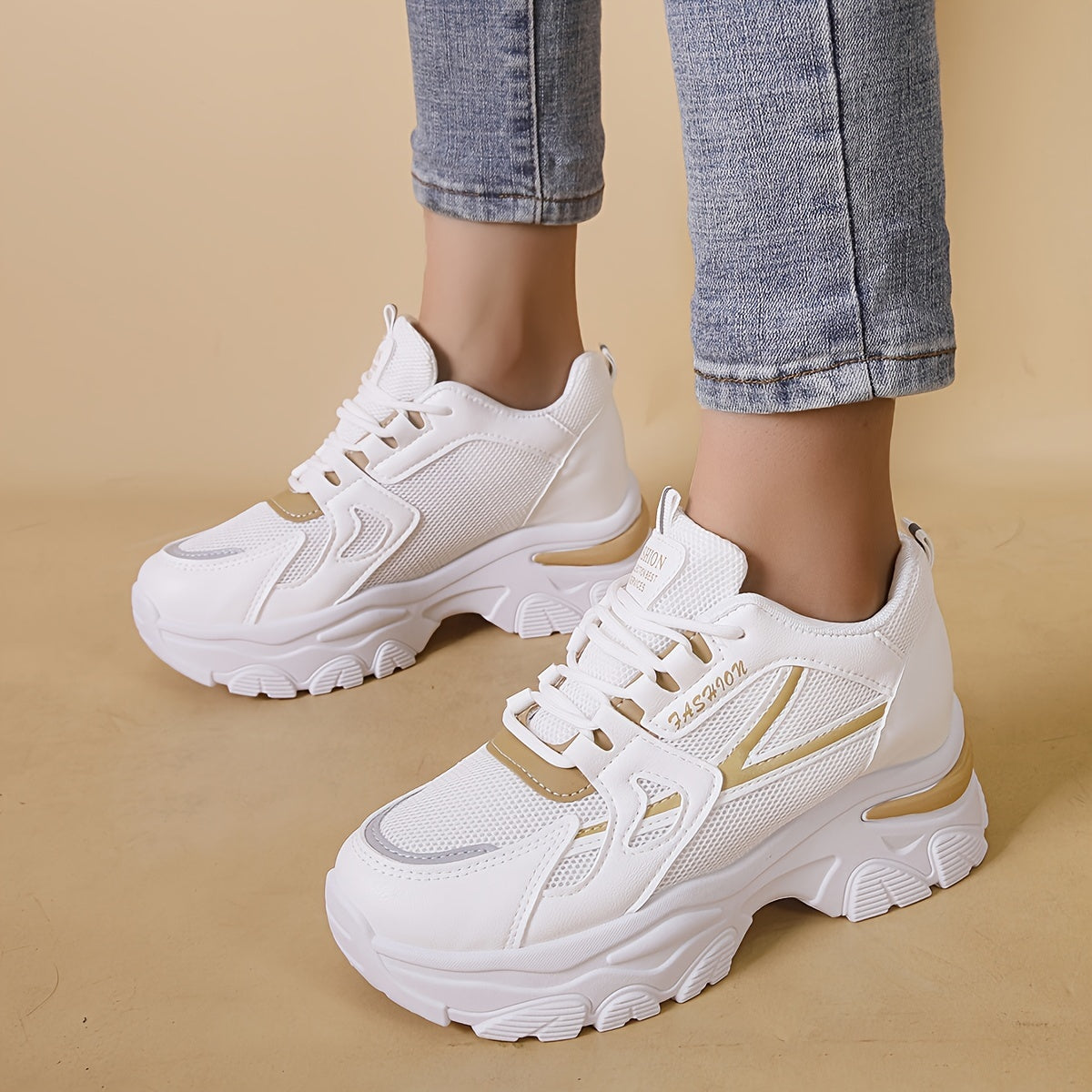Women's Heighten Mesh Breathable Chunky Sneakers, Color-block Thick Bottom Casual Outdoor Running Shoes