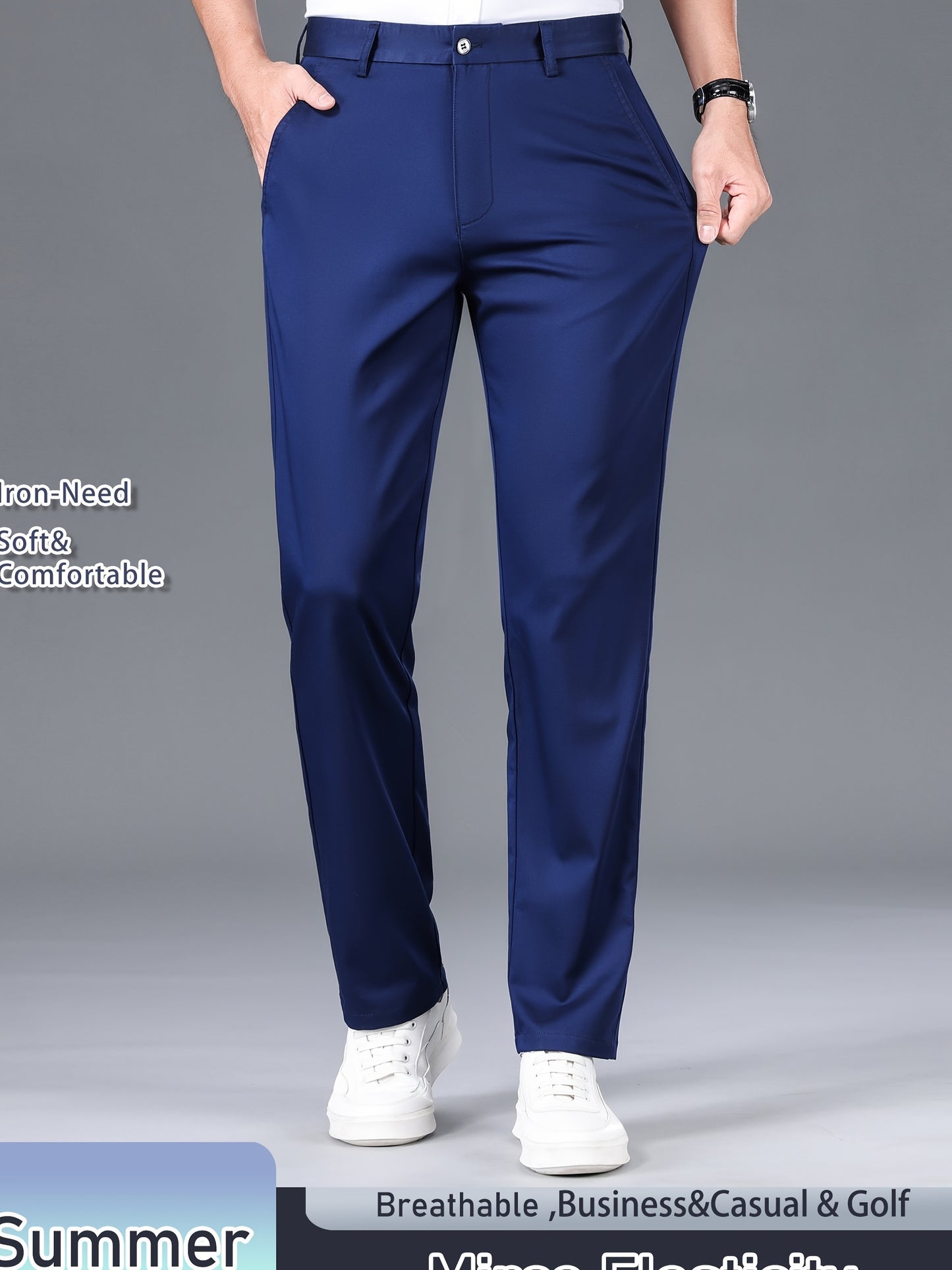 Men's Solid Color Straight Leg Business Style Cotton Blend Pants, Casual Comfy Breathable Outdoor Trousers As Gift