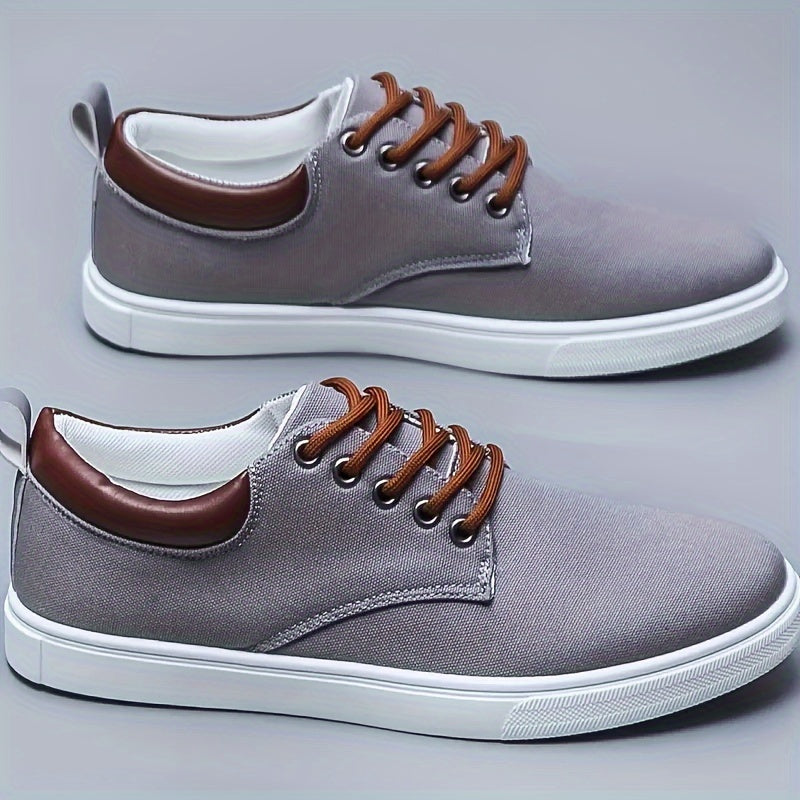 Breathable Design, Men's Casual Skate Shoes - Gray Canvas Upper with White Rubber Sole, Breathable, Durable, Non-Slip Lace-Up Sneakers for Casual Attire and Outdoor Activities