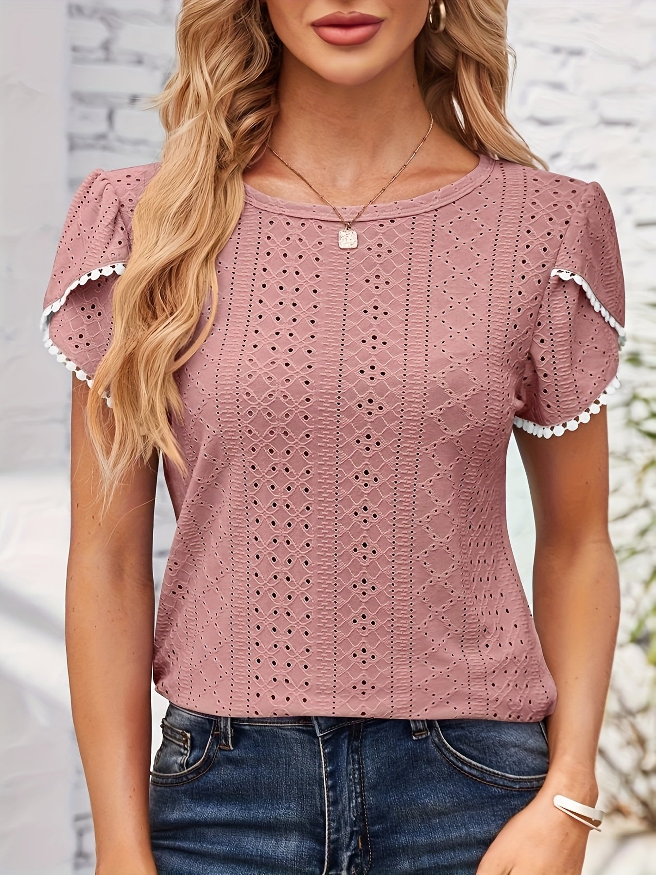 Women'S Elegant Blouse - Soft Pink Round Neck T-Shirt with Floral-like eyelet details, Breathable Loose Fit Top for Casual & Formal Outfits - Everyday Summer Shirt for Women, Ladies T Shirts, Versatile Clothing, Feminine Styl