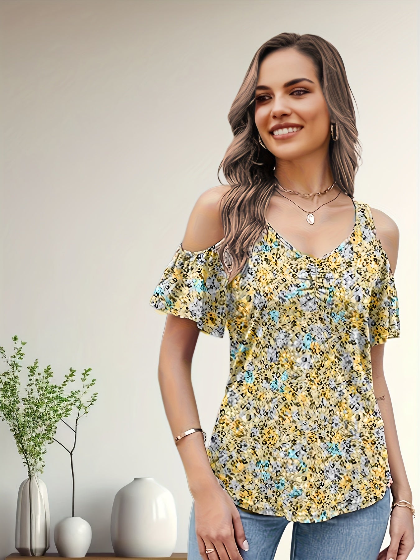 Women'S Summer V-Neck Pleated Floral Print Sexy Off-Shoulder T-Shirt
