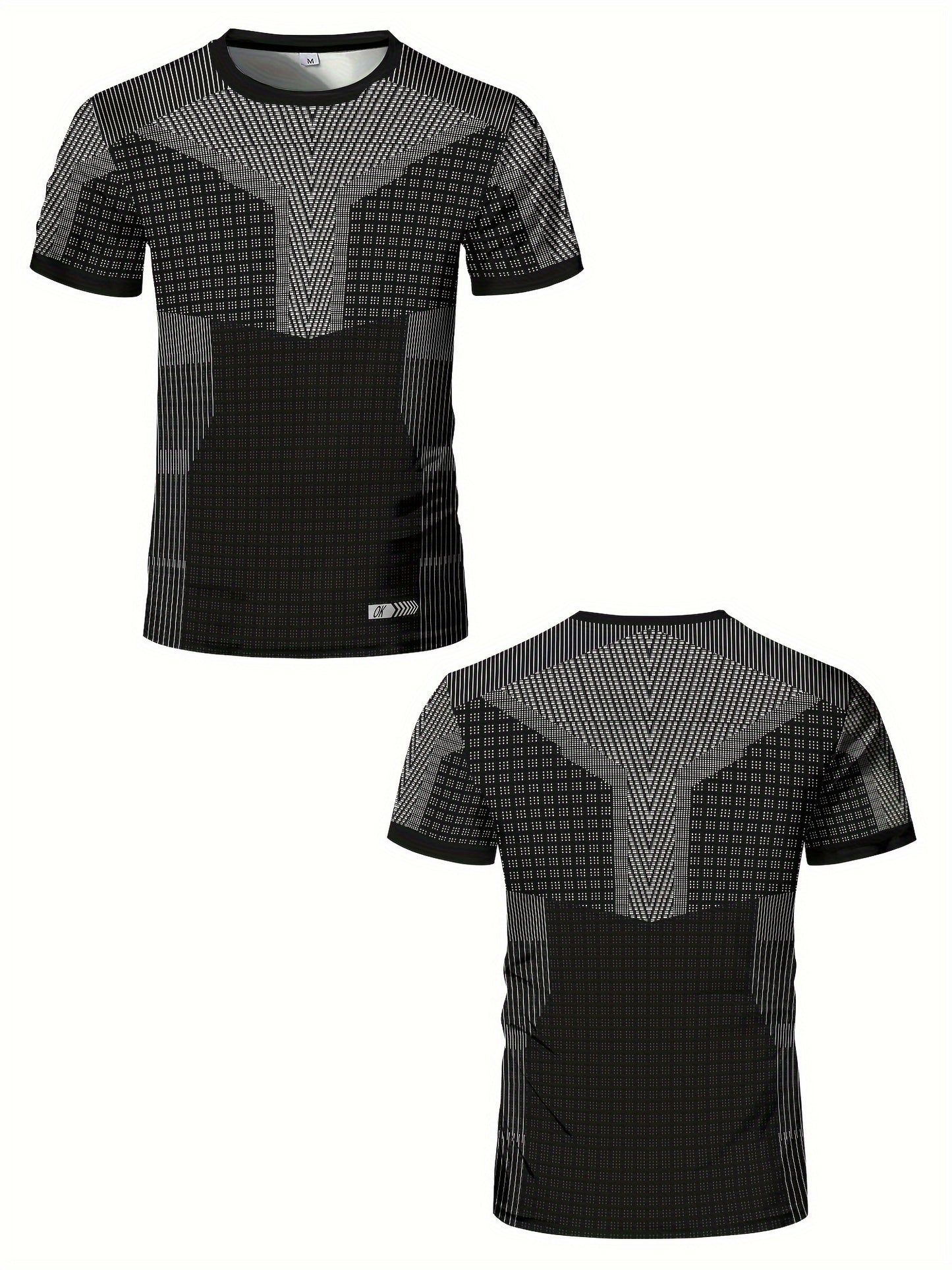 A Black And White Patterned Print Design, Men'S Sporty Fashion, Geometric Print High-Elastic Tight-Fitting Short-Sleeve Round-Neck T-Shirt, Quick-Drying Sports Top for Summer Fitness, Training, And Workout, with a Cool Feel,