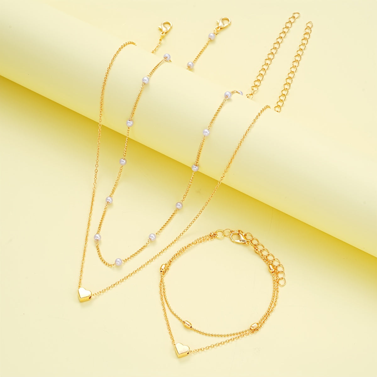 3pcs Set of Simple Love Imitation Pearl Necklace Bracelet Jewelry Set for Women, Dating, Vacation Gift, Daily Matching