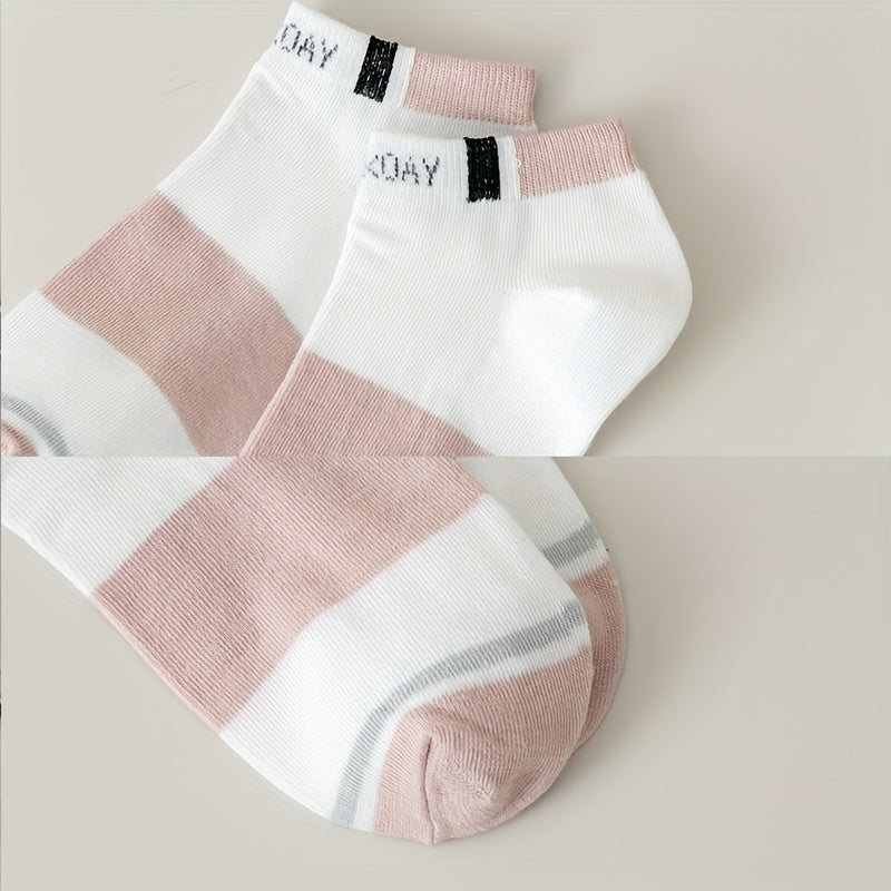 5 Pairs of Women's Summer Short Socks, Striped Breathable Color-Mixing Boat Socks, Pink Fresh Women's Socks