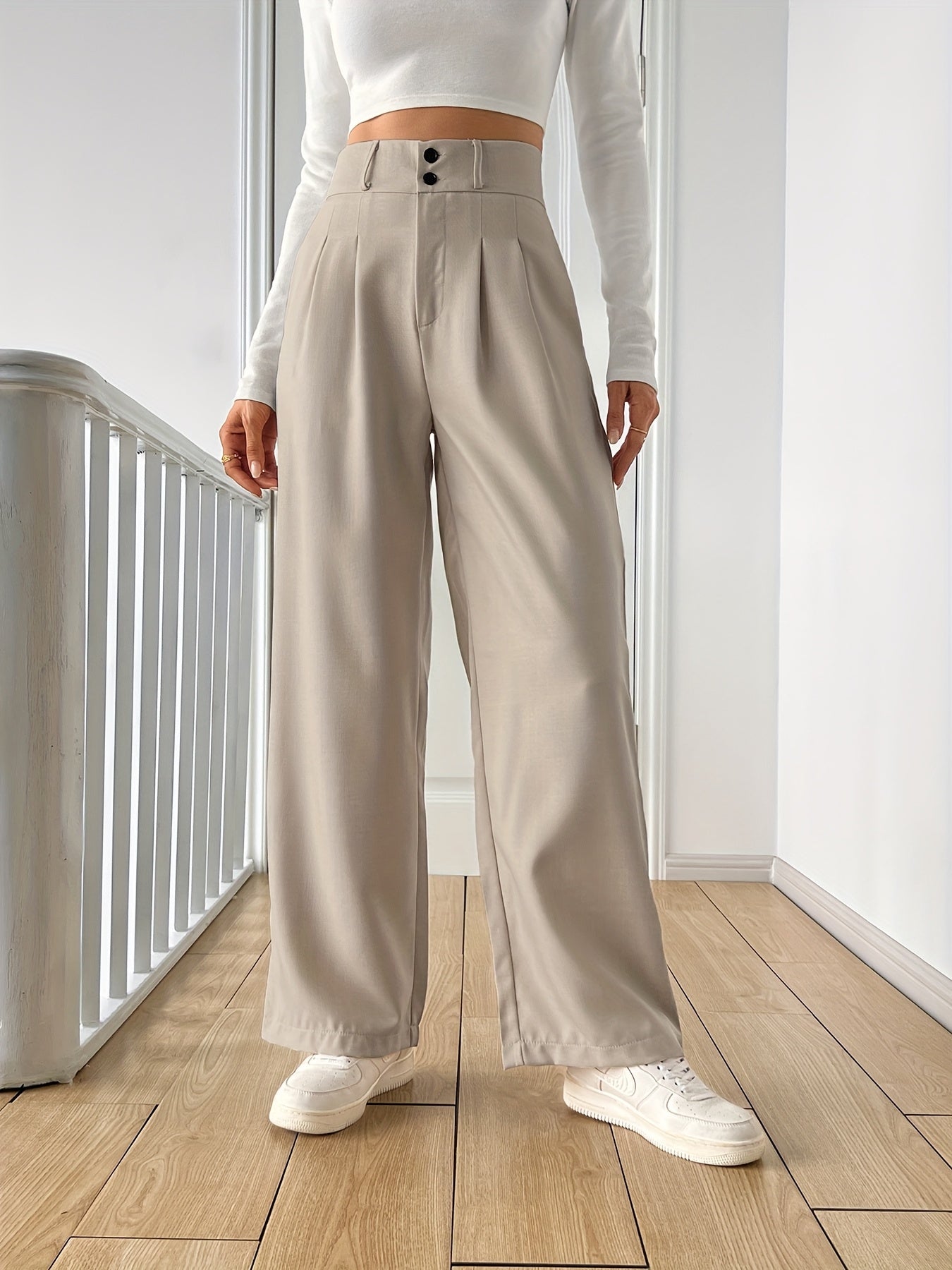 Women's High-Waisted Straight-Leg Pants - Light Beige Casual Polyester Blend with Button Details, Machine Washable, All-Season Comfort for Casual Attire, Cute Pants