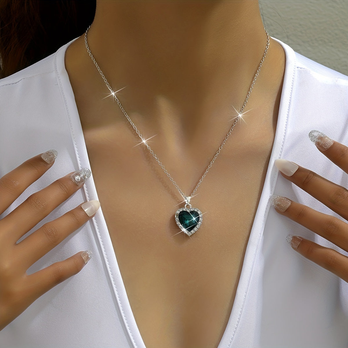 Birthstones Կախազարդ Վզնոց Սրտաձև Սինթետիկ Կապույտ Քարեր Ամբողջ Փայլուն Ցիրկոնիայից Կախազարդով Կանացի պարանոցի փայլուն շղթայով