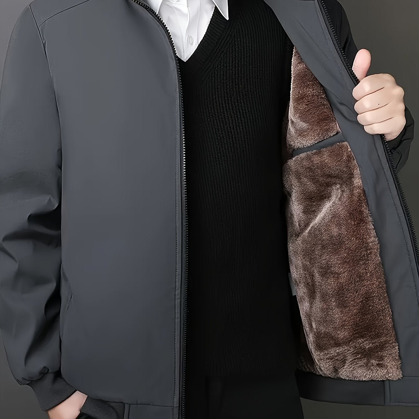 Men's Fleece-Lined Zip-Up Jacket - Casual Stand Collar, Outdoor Sports Coat with Pockets, Machine Washable