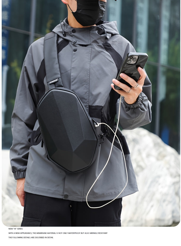 JUMAHE Men's USB Charging Crossbody Bag with Dual Power Ports, Hexagonal Geometric Design Street Style Shoulder Bag - Premium Durable Fabric, Adjustable Strap Zipper Closure for Daily Commute (Black/Grey), Bags for Travel,