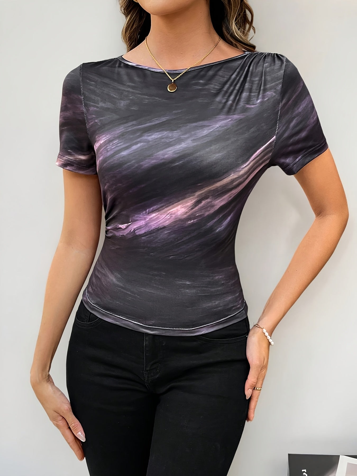 Women's Elegant Tie-Dye Asymmetrical Neckline Short Sleeve T-Shirt - Purple Pink Blue Swirl Print, Breathable Stretchy Fabric, Machine Washable Summer Casual Top