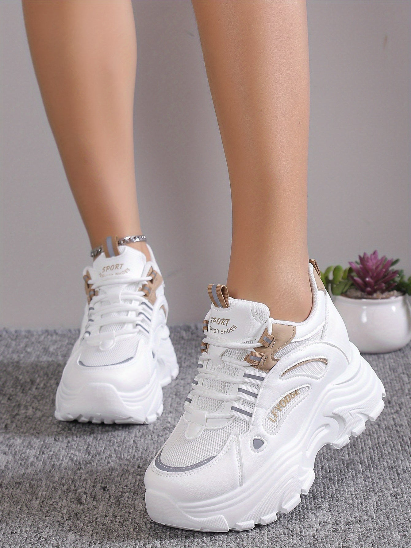 Women's Solid Color Mesh Sneakers, Lace Up Low-top Round Toe Heightening Thick Sole Trainers, Versatile Comfy Shoes